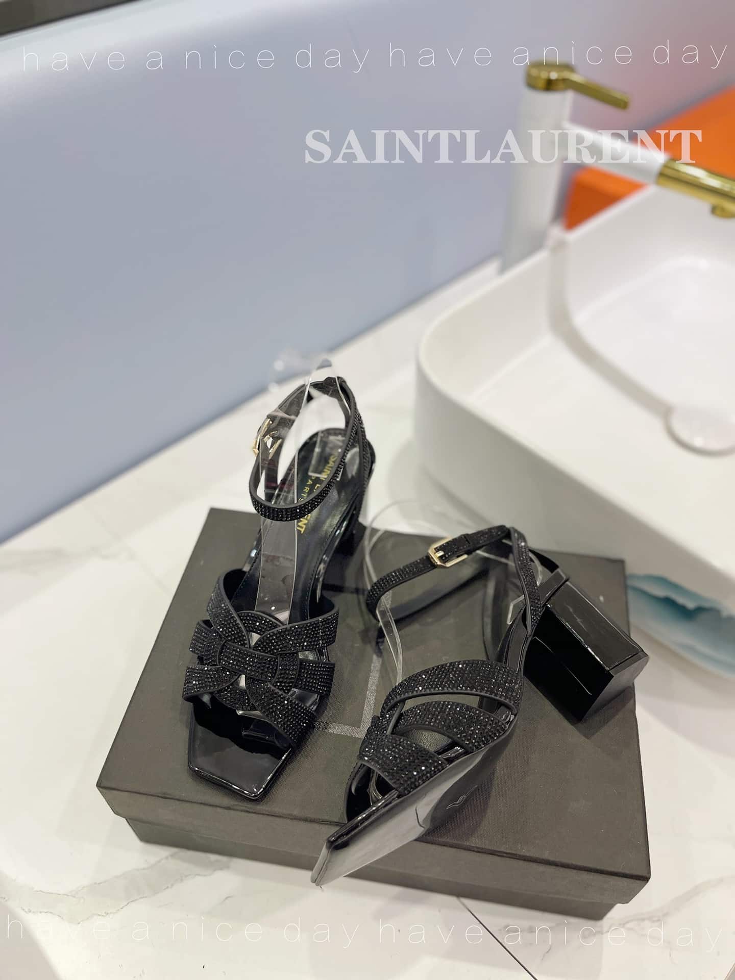 Saint Laurent Tribute Leather Sandals Metallic Black