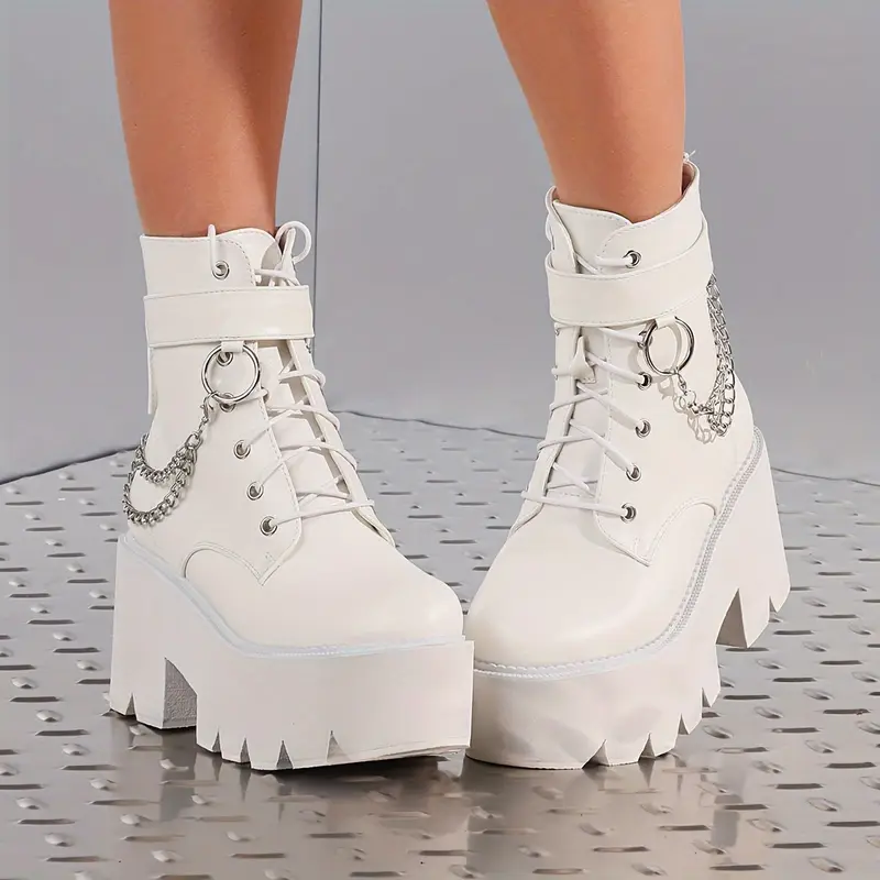 High Heel Platform Chunky Gothic Ankle Boots with Chain Punk Shoes for Halloween Street Combat Motorcycle Short Boots