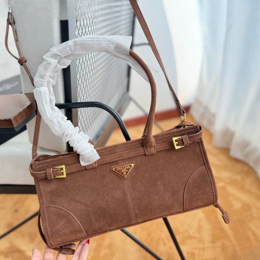 Prada Bonnie Medium Suede Handbag Brown 32Cm 1Ba426 2C4S F0401 V Moo