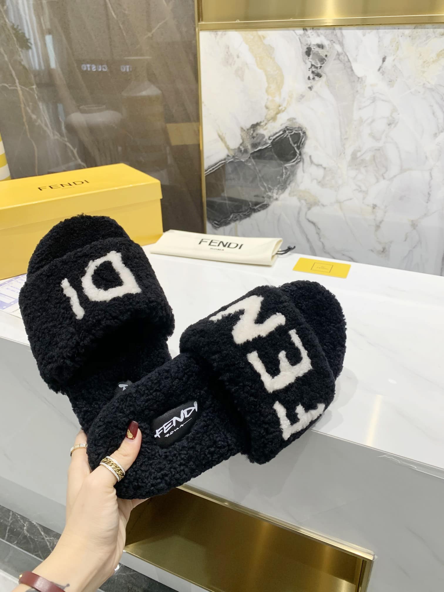 Fendi Shearling Slides Black