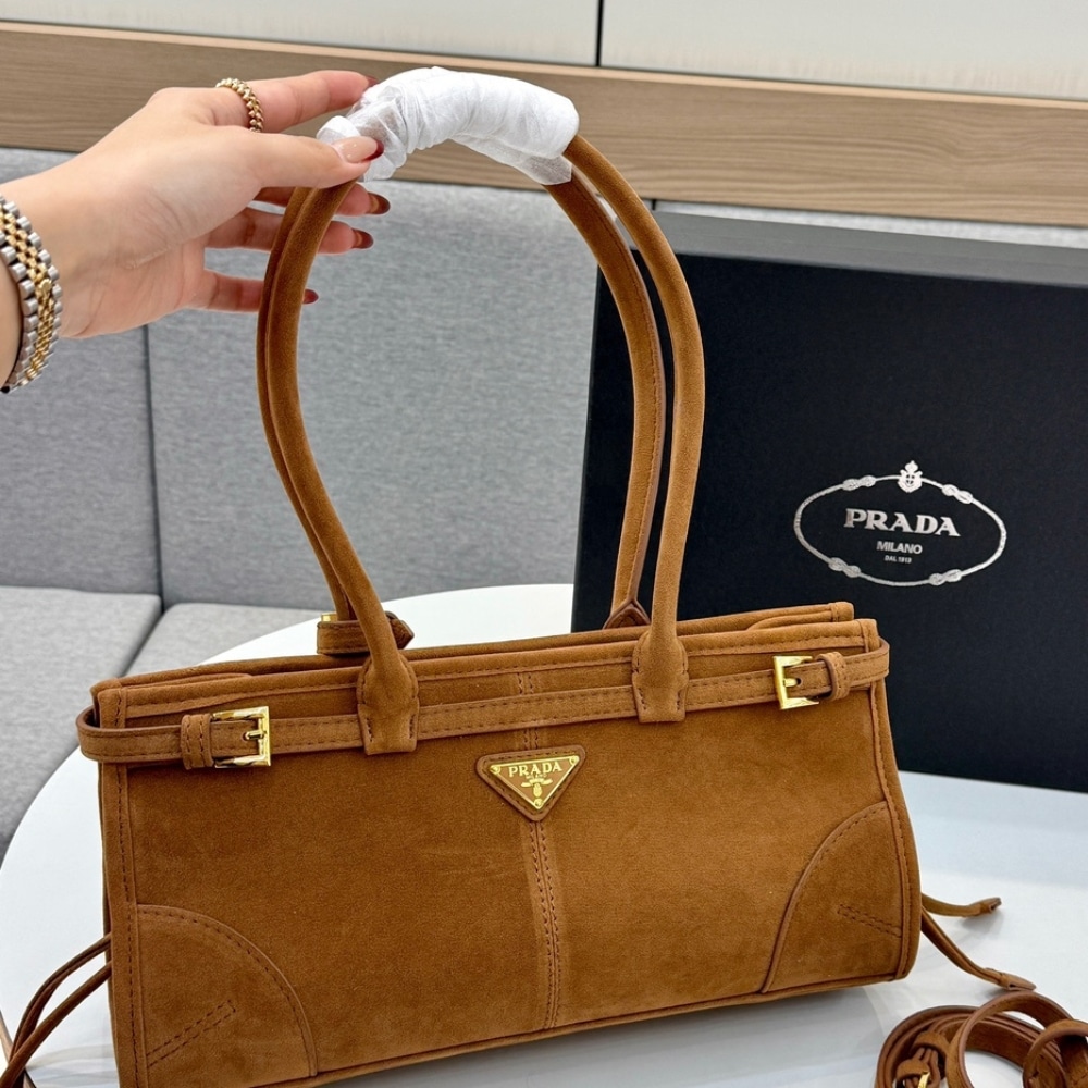 Prada Medium Suede Handbag Cinnamon 32Cm