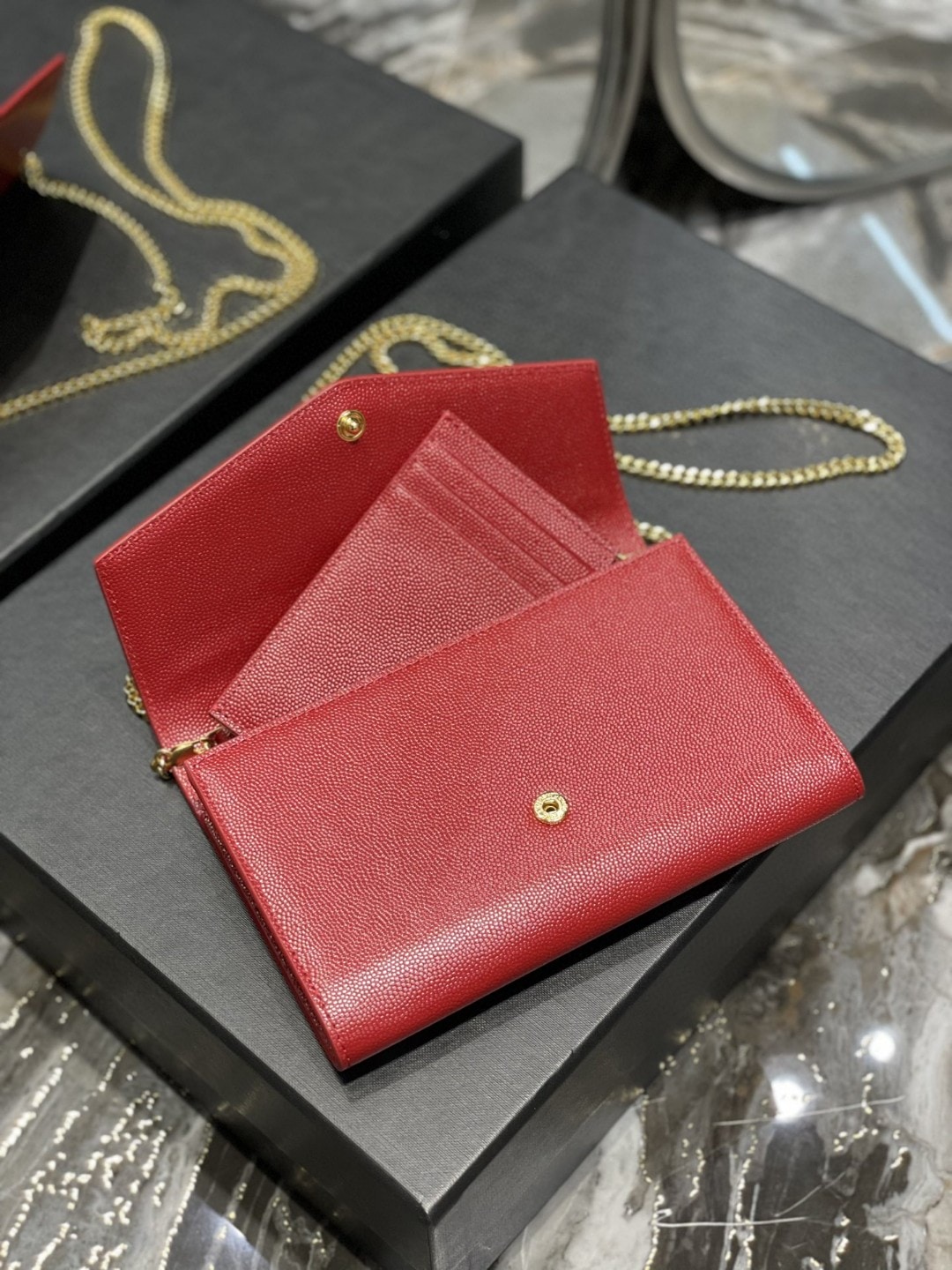 Saint Laurent Uptown Chain Wallet In Grain De Poudre Embossed Leather Red 19Cm