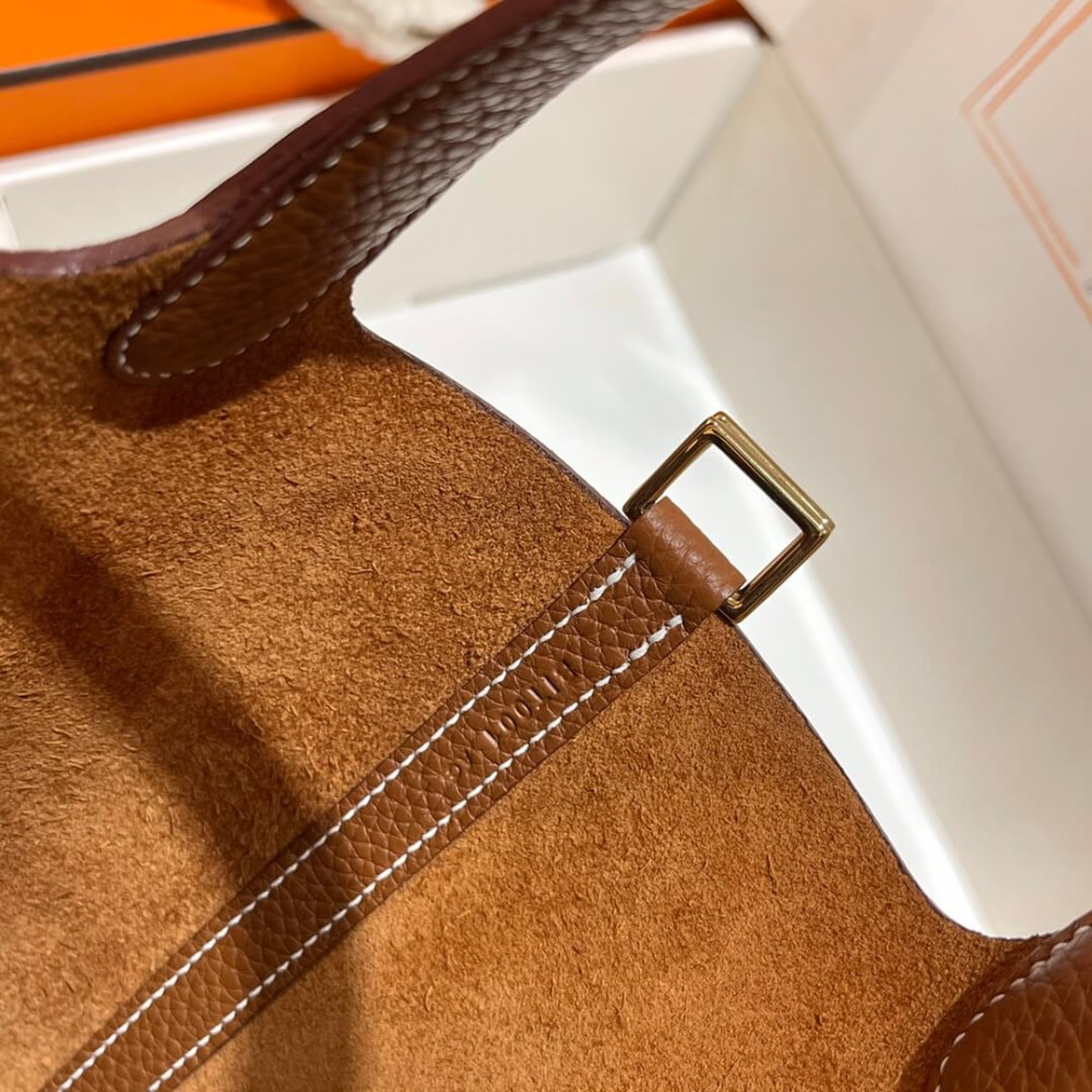 Hermes Picotin Lock Bag In Taurillon Clemence Gold Brown 22Cm