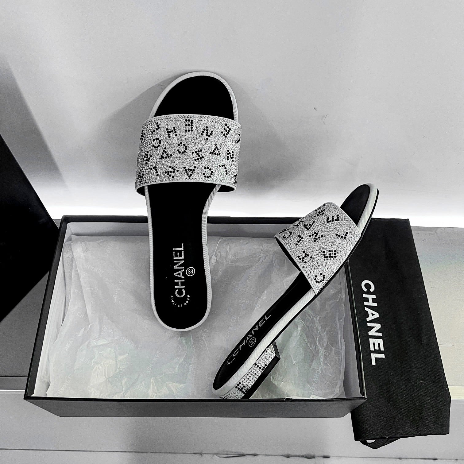 Chanel 24P Beaded Diamond Logo Slippers Silver