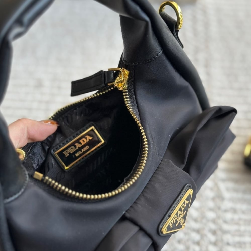 Prada Re Nylon And Nappa Leather Mini Bag With Bow Black 20Cm
