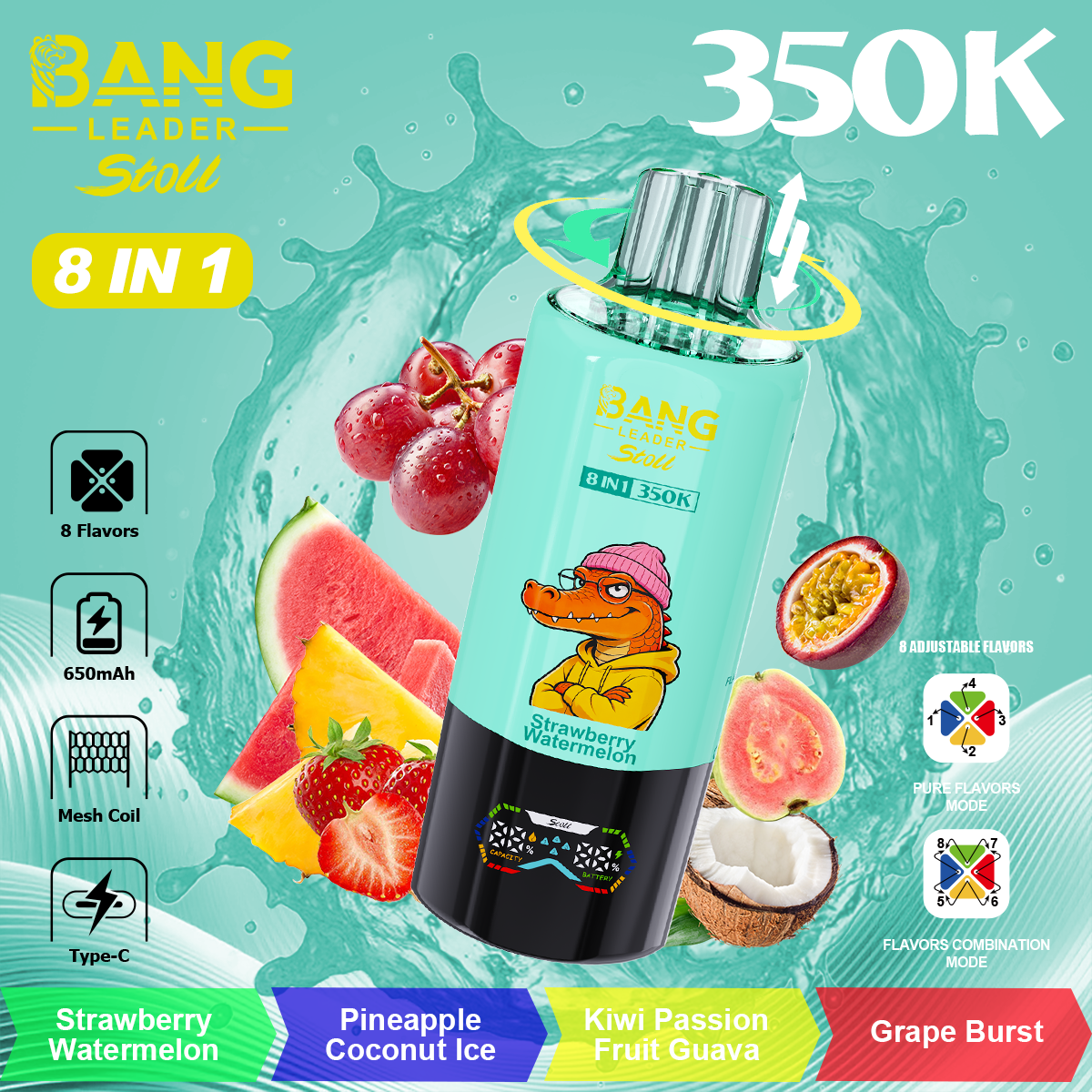Bang Leader 350K Puffs 8-in-1 Prefilled Vape | 8 Flavors in 1 Device,  Rechargeable, 3%  5%