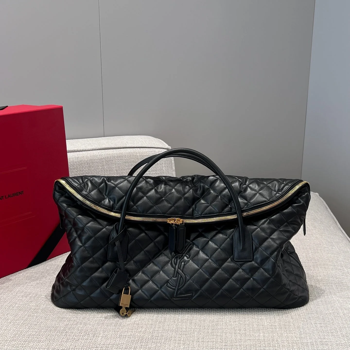 YSL Travel Bag 59 Black Quilted Calfskin Leather Gold Hardware