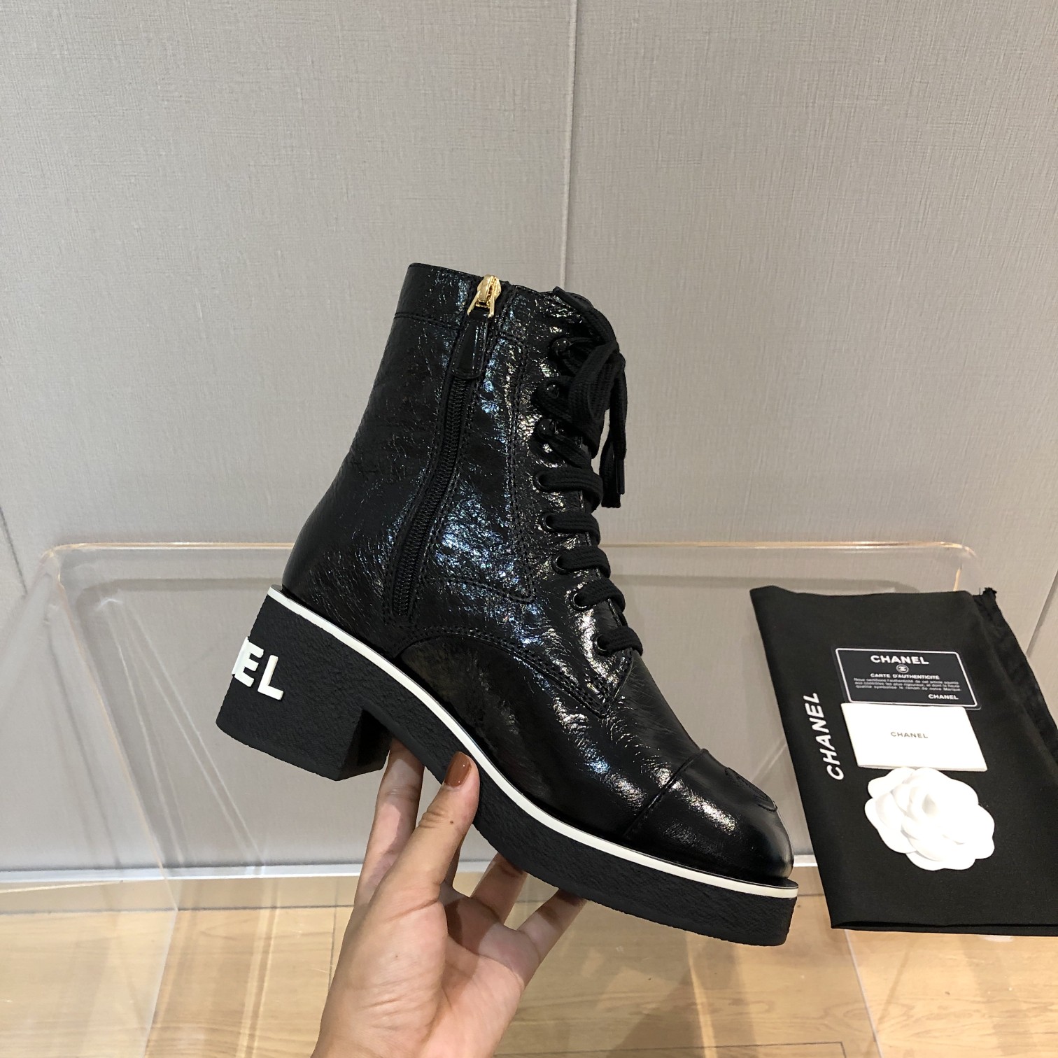 Chanel White Logo Crinkled Leather Combat Boots For Women