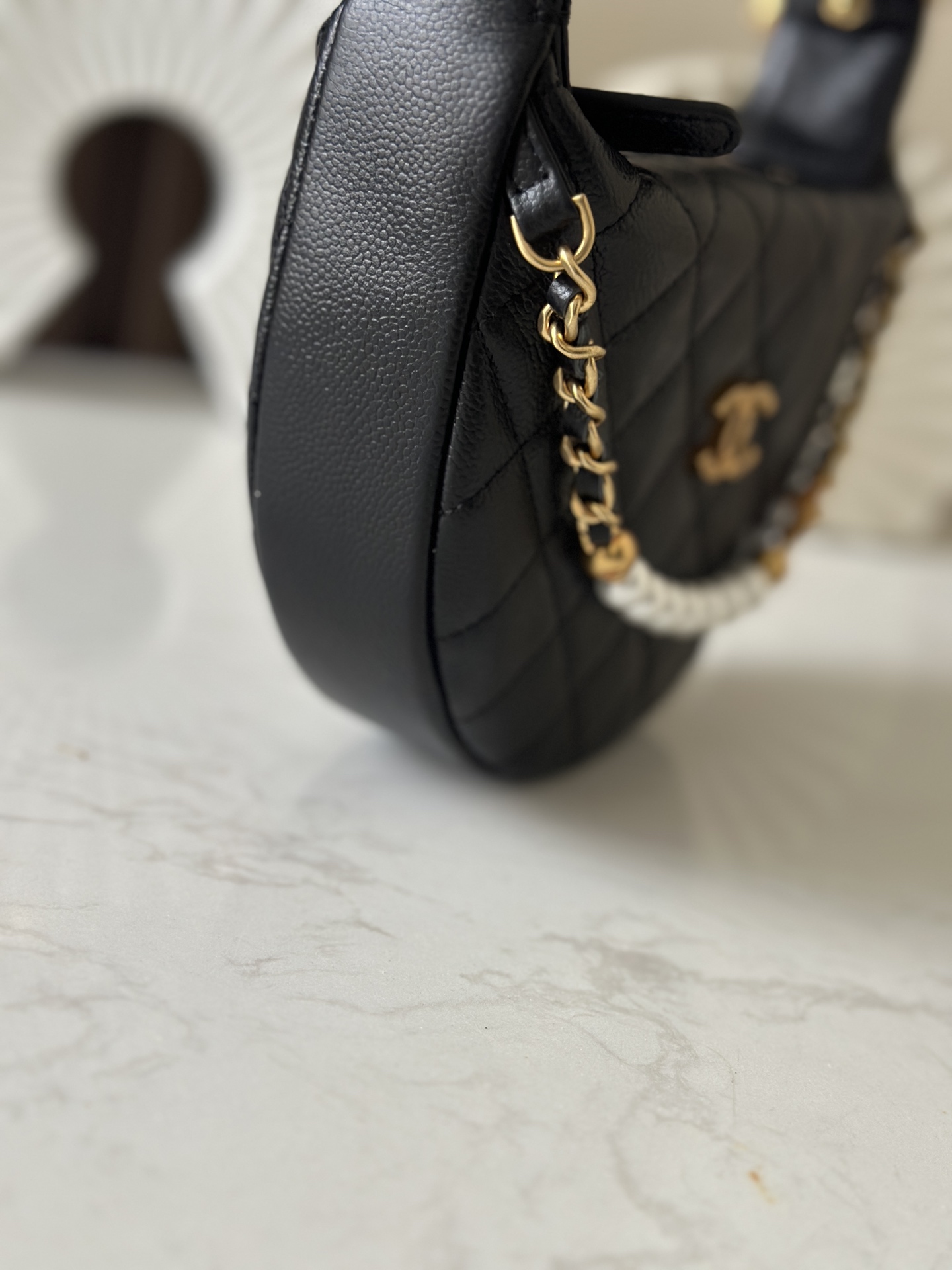 25S Black Quilted Caviar Calfskin Half MoonHula Hoop Bag with Pearl Chain