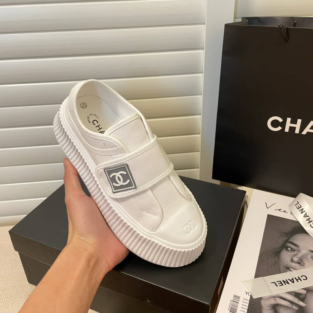 Chanel Cc Cap Toe Slipon Sneaker All White