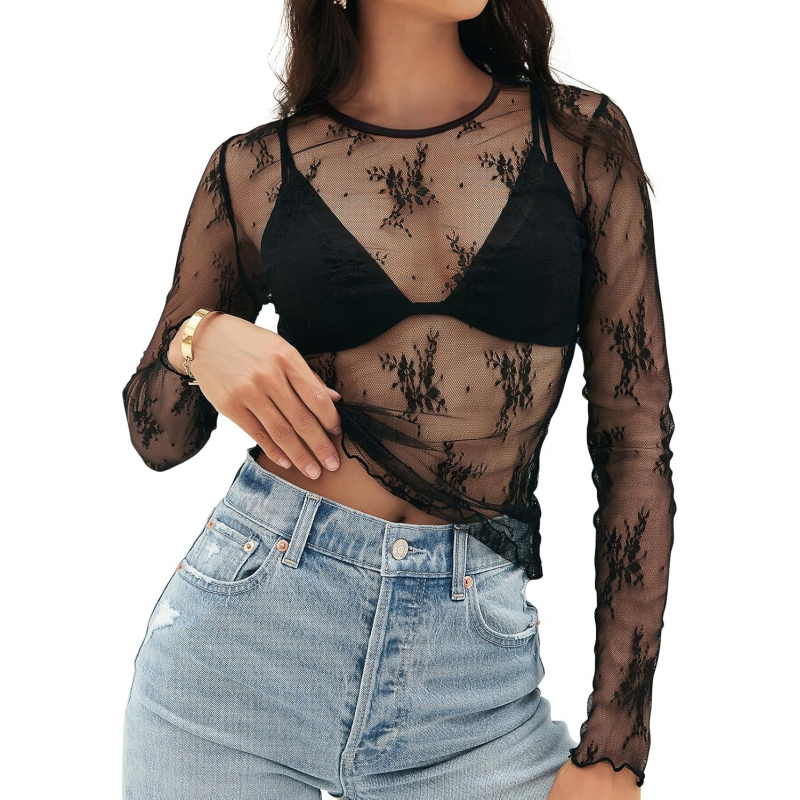Women's 2026 Long Sleeve Lace Sheer Mesh Tops
