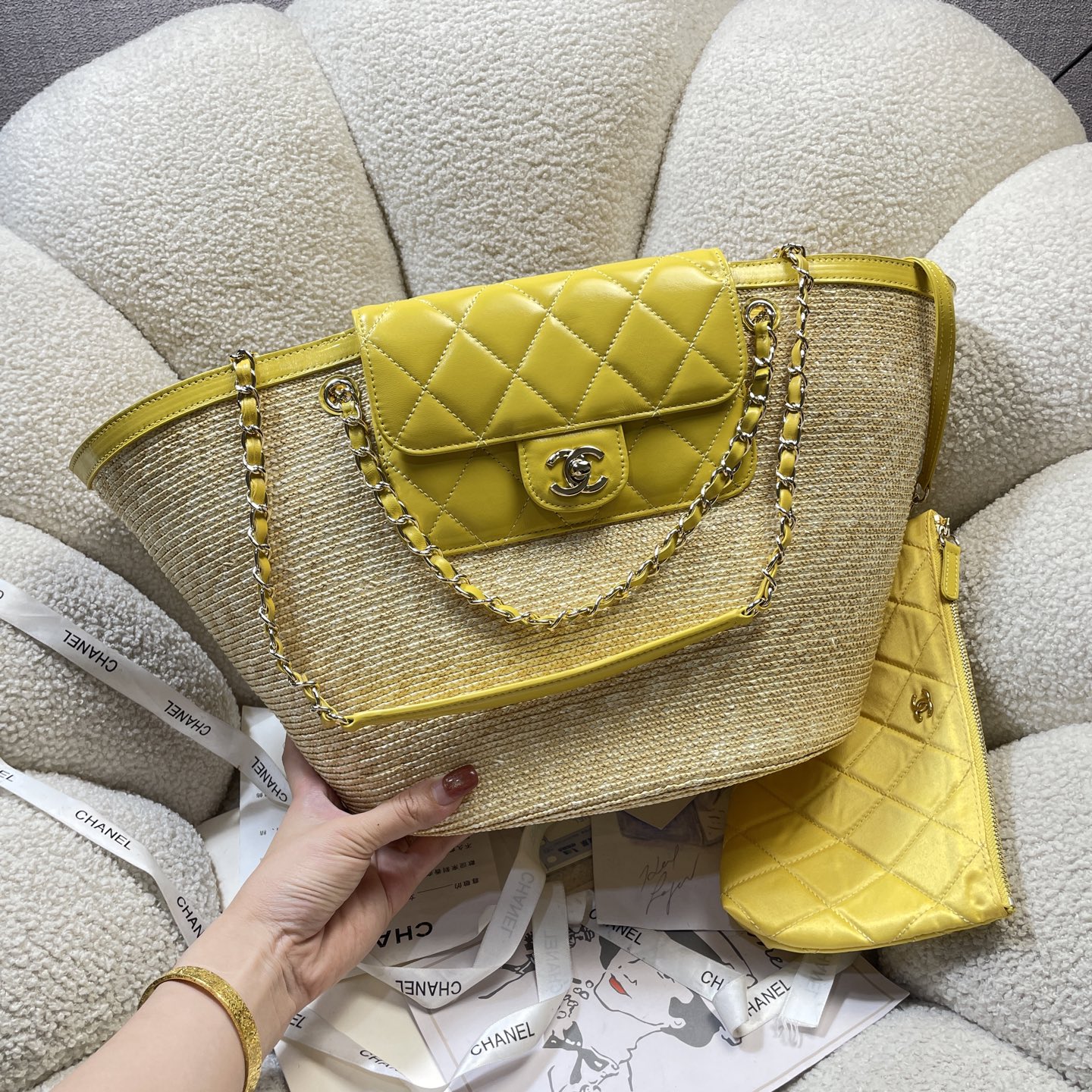 Large Straw & Lambskin Tote Bag with Pouch in Bright Yellow with Light Gold-Tone Hardware, 25C Cruise Collection