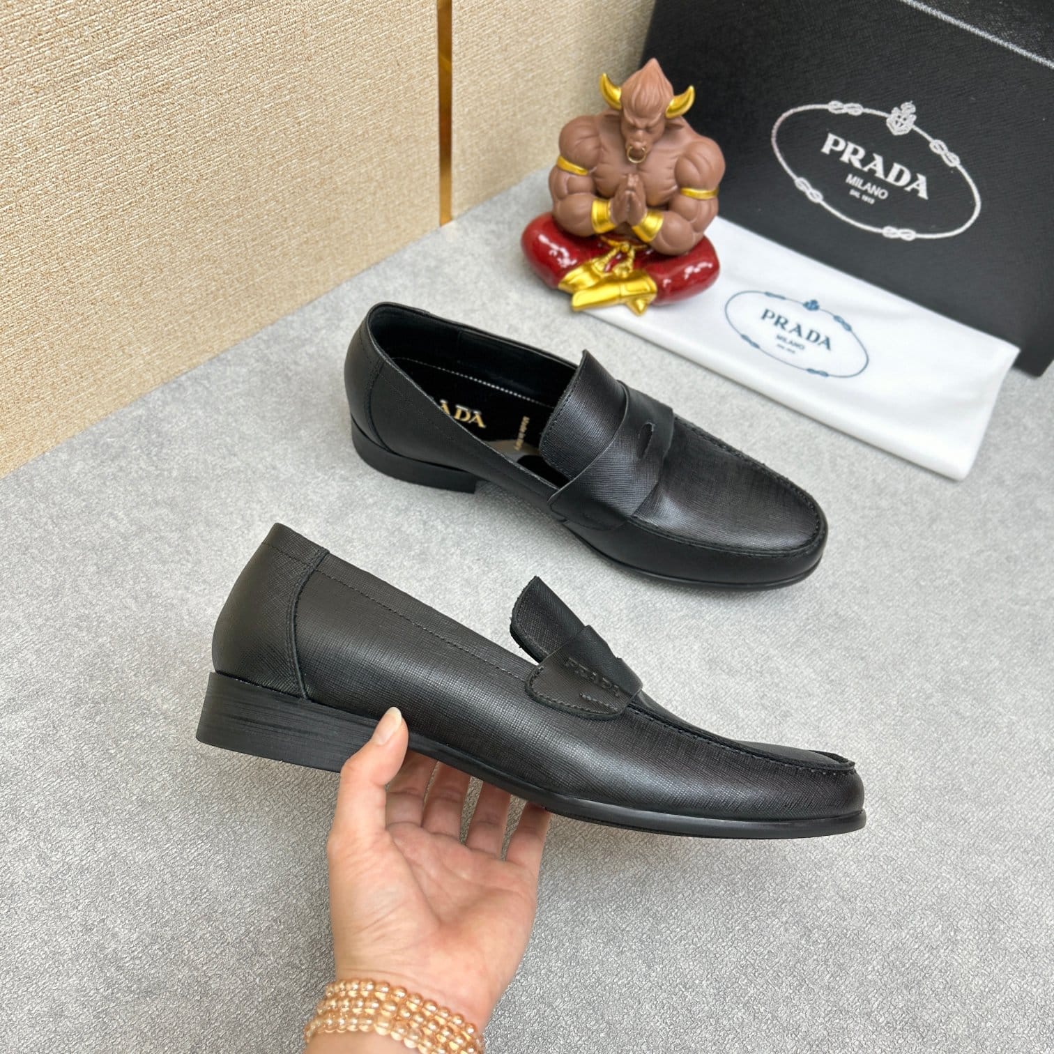 Prada Saffiano Leather Penny Loafers Black