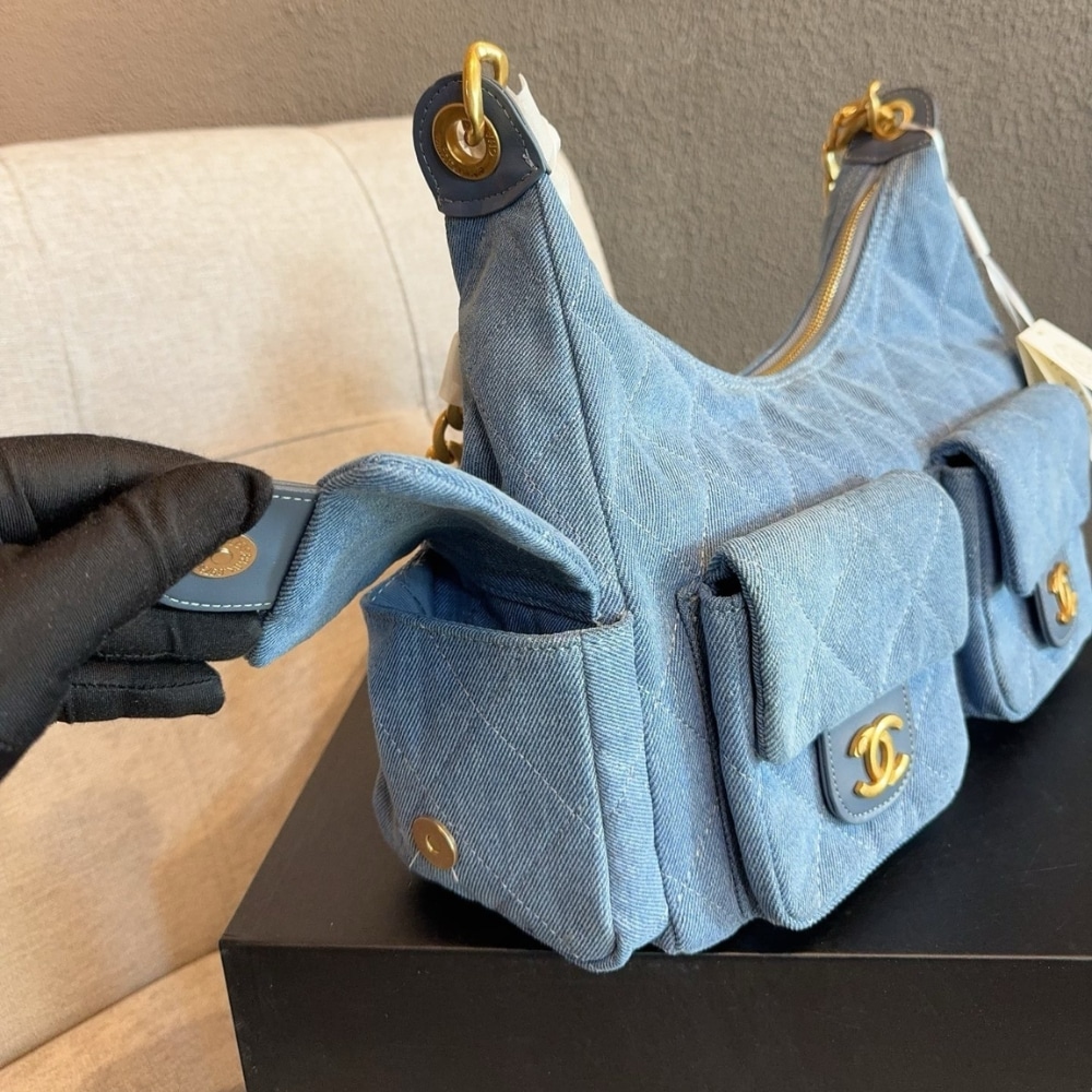 Chanel Large Hobo Bag Washed Denim And Gold Tone Metal Blue 31Cm AS5339 B19251 NG353