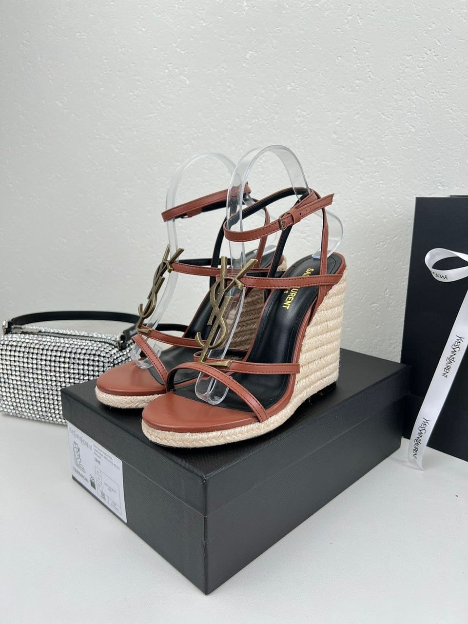 Saint Laurent Cassandra 115 Leather And Raffia Wedge Brown Sandals