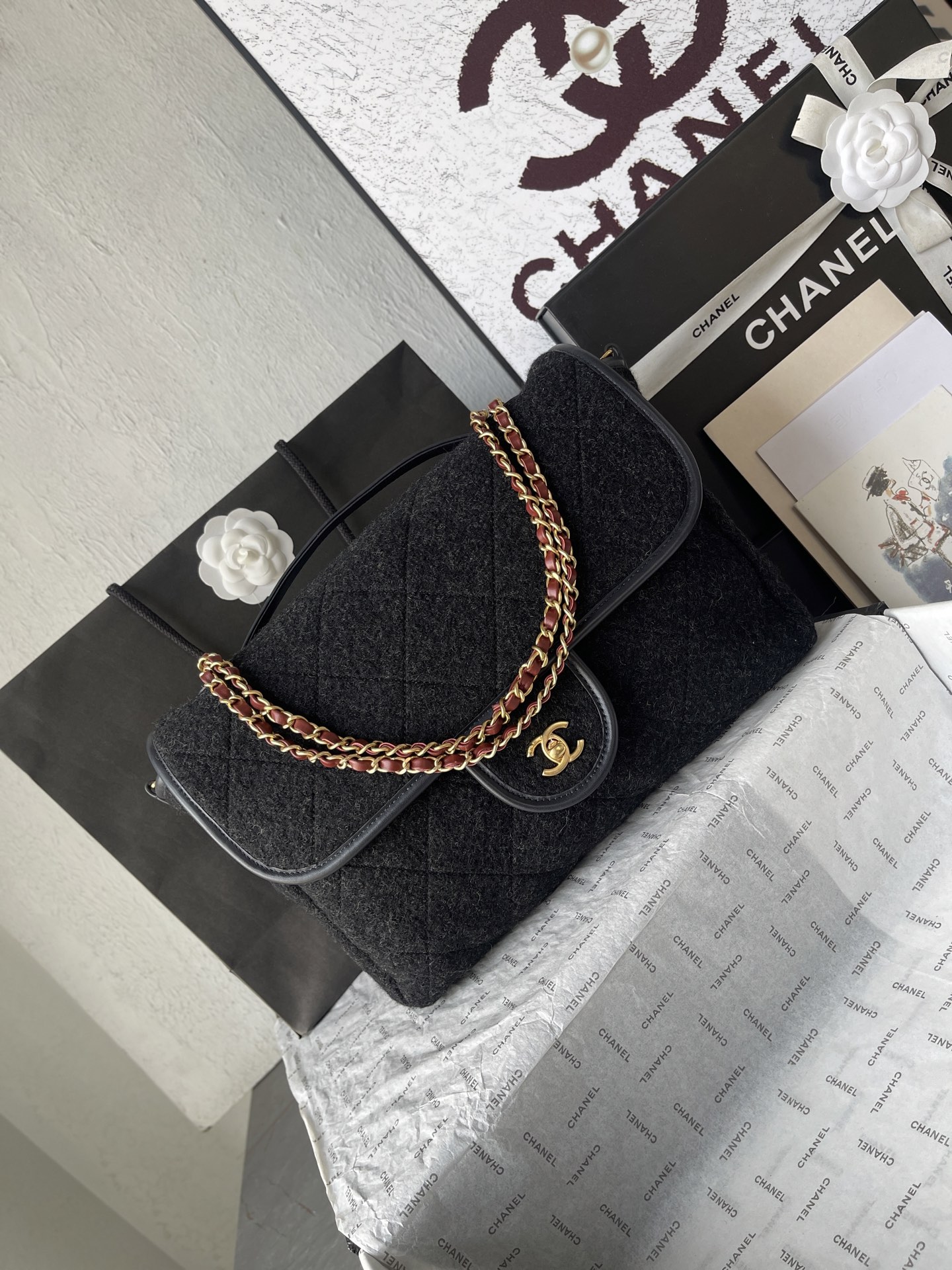 Classic Large Quilted Wool Flap Bag in Black with Gold-Tone Hardware