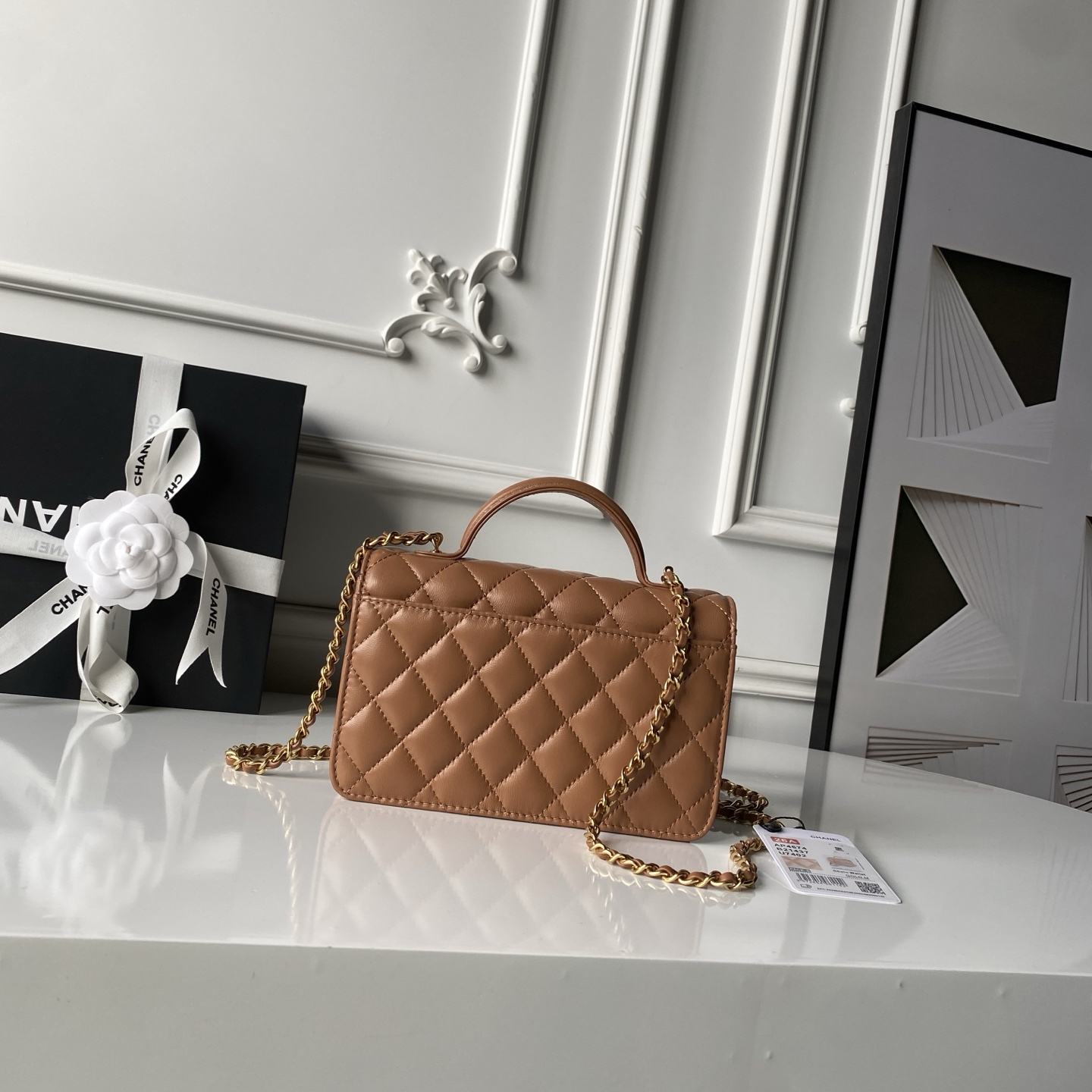 Mini Top Handle Flap Messenger Bag in Caramel Quilted Lambskin with Light Gold-Tone Hardware