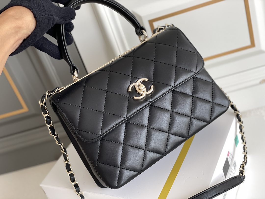 Trendy CC Small Top Handle Flap Bag in Black Quilted Lambskin with Gold-Tone Hardware (Model A92236)