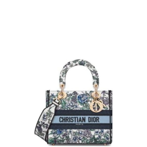 DIOR MEDIUM LADY D LITE BAG WHITE MULTICOLOR FLOWERS 24CM
