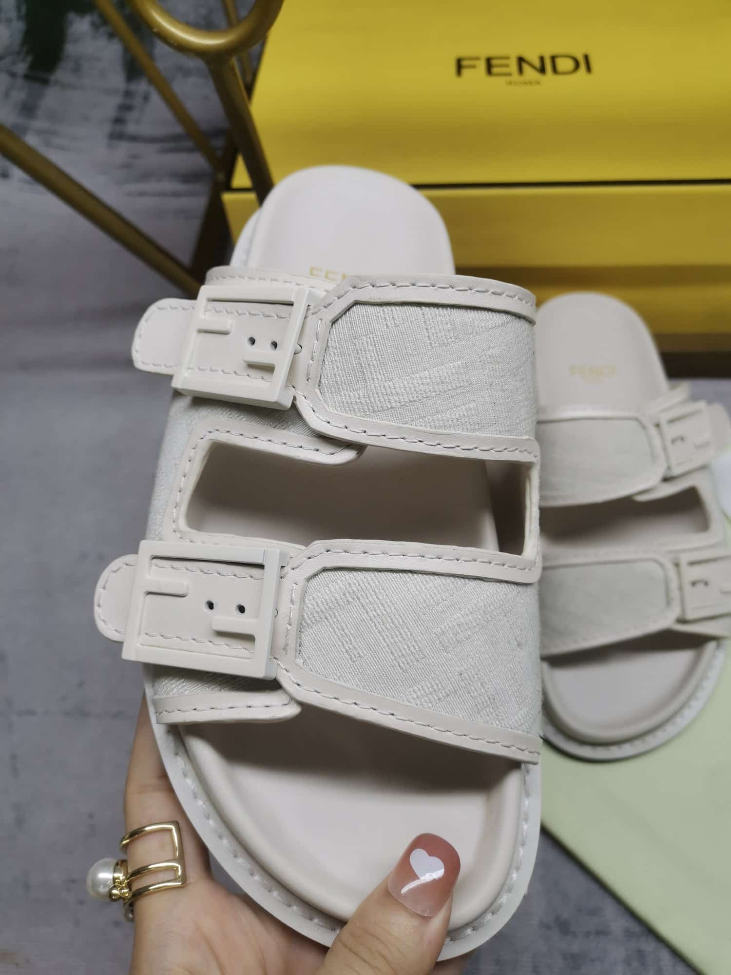 Fendi Feel Slides Unisex Ff Motif Fabric White