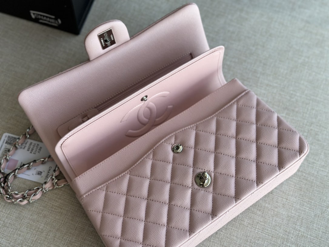 Chanel Classic Double Flap Bag Caviar Silver Hardware Light Pink 25Cm/10in
