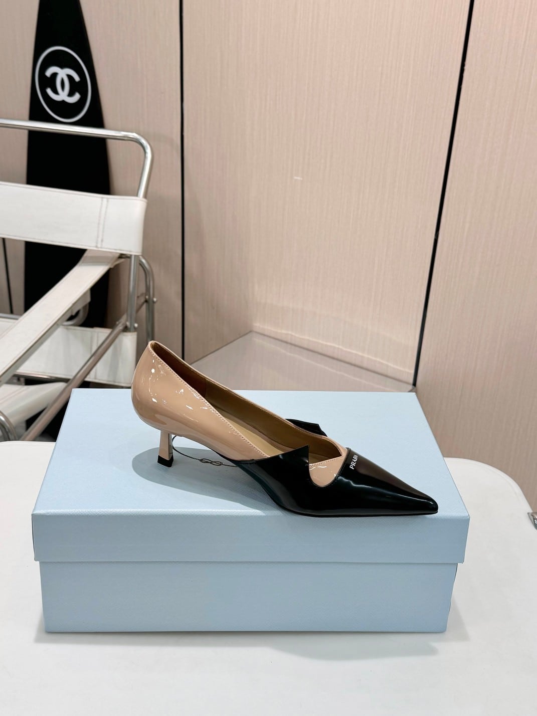 Prada Two Tone Toe Kitten Heels In Black And Beige