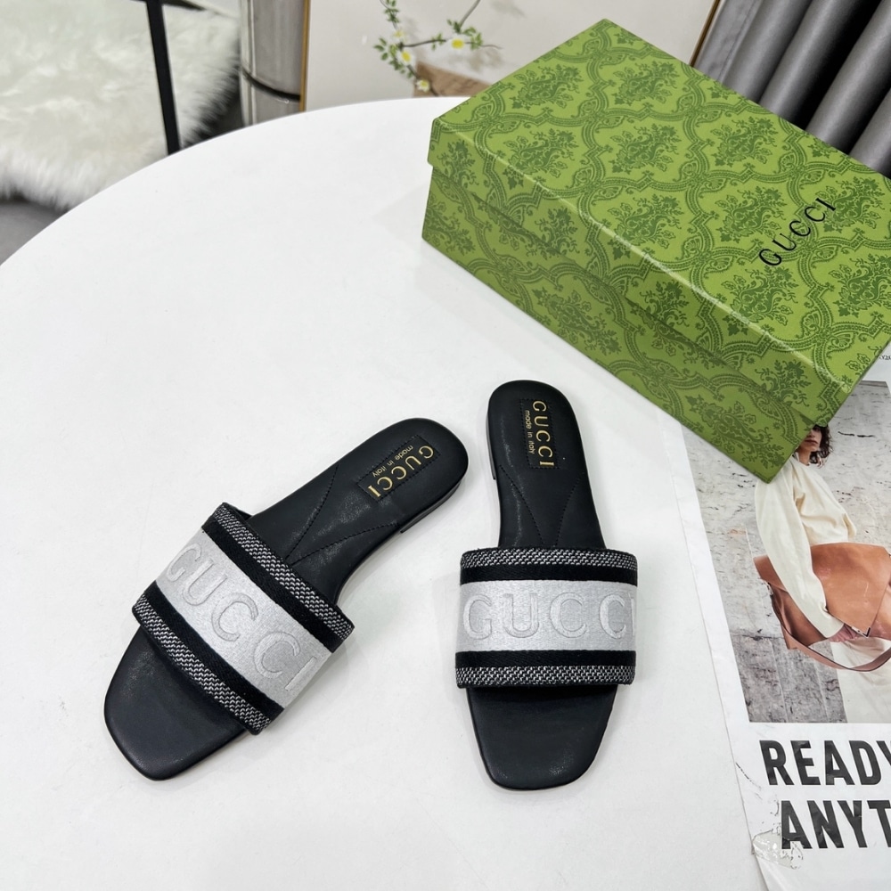 Gucci Women Slide Sandal With Web Black And White 817564 Faecg 8843
