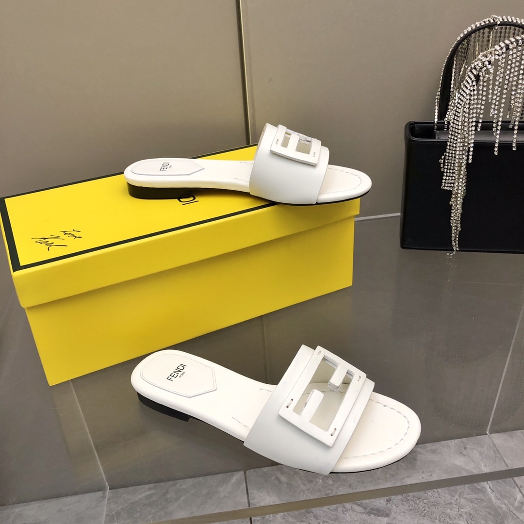 Fendi Baguette White Leather Slides