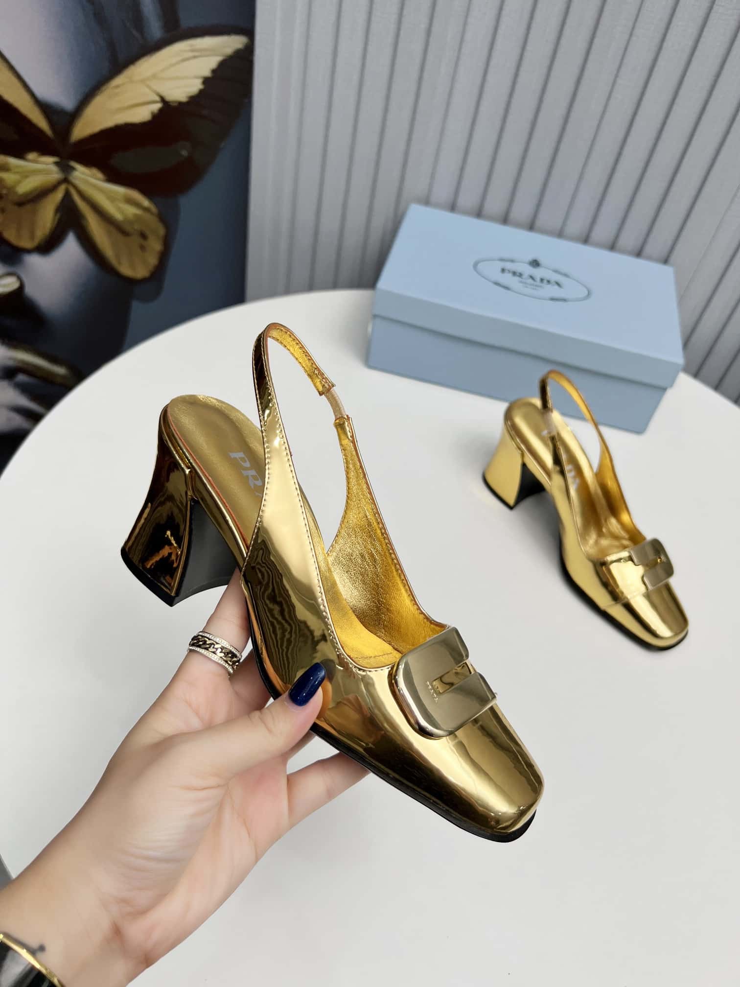 Prada Leather Slingback Pumps Gold