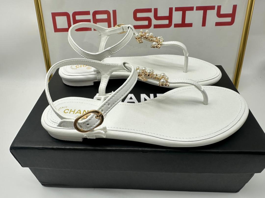 Chanel Gold Pearl Cc Logo Thong Sandals White