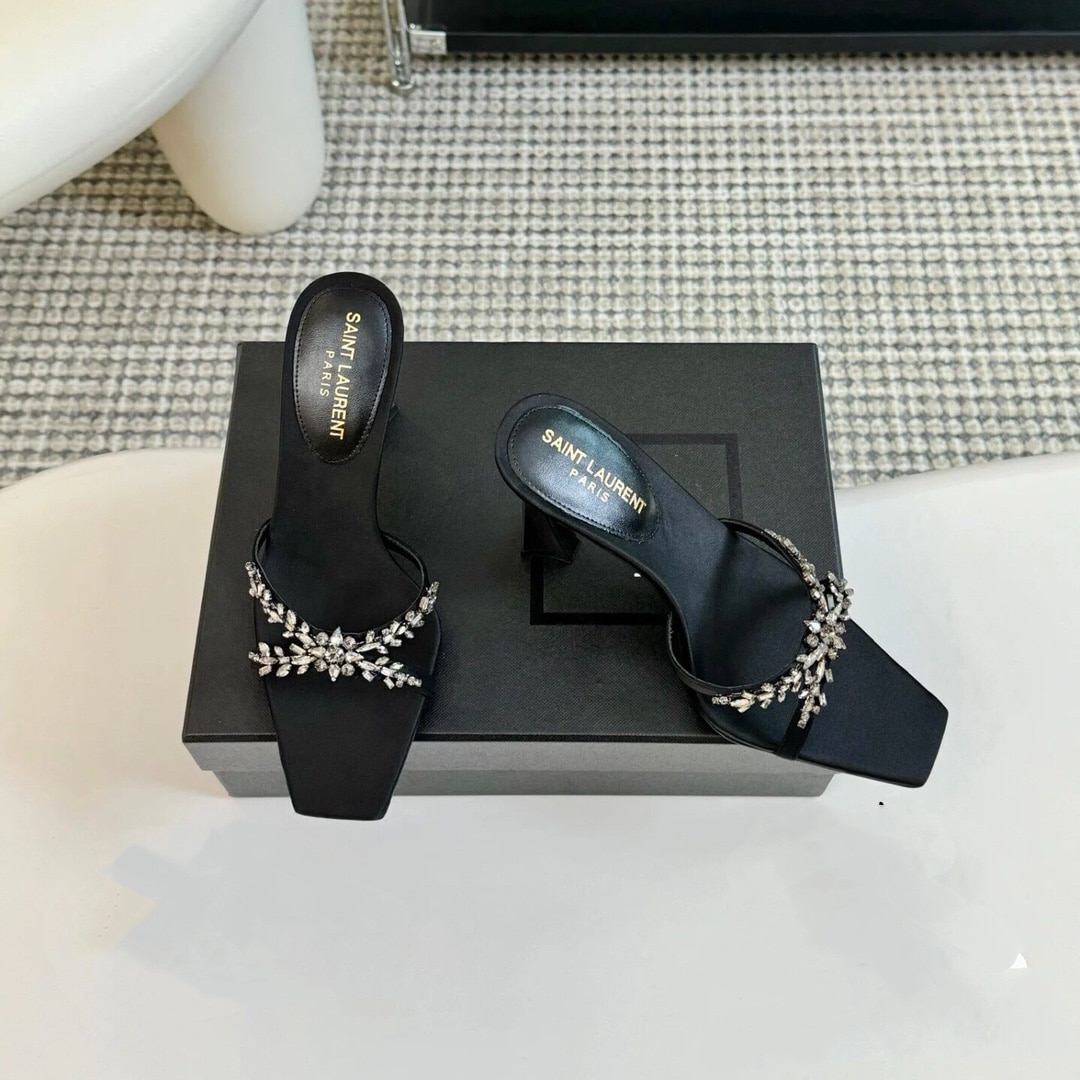 Saint Laurent Liz Mules In Satin And Rhinestones Black