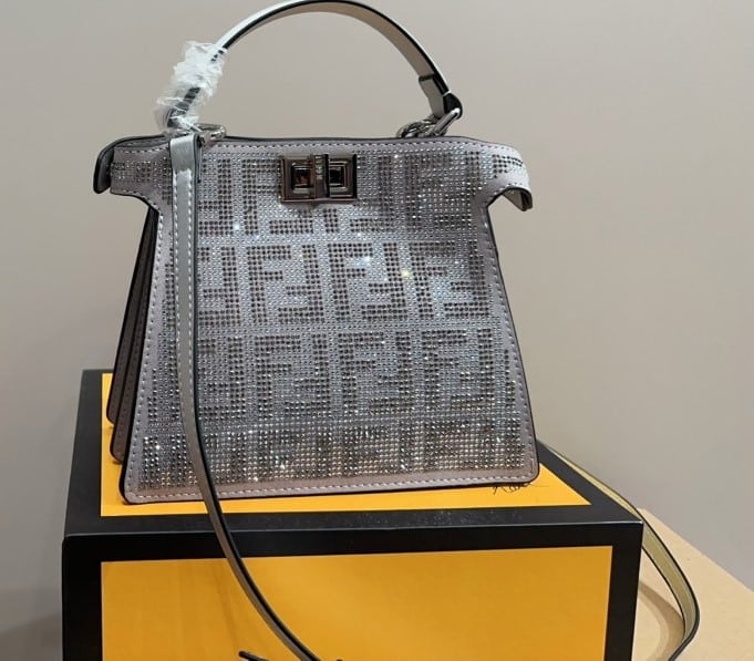 Fendi Peekaboo Iseeu Petite Silver Leather Bag With Crystal Ff Motif 21Cm