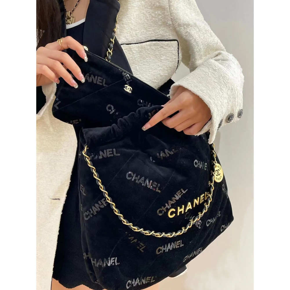 Chanel 22 Small Handbag Velvet With Sequins 37cm