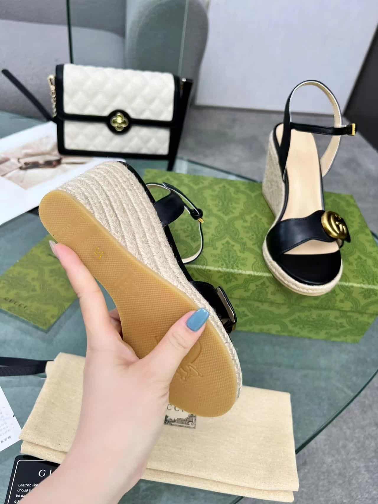Gucci Leather Wedge Espadrille Sandals Black 8Cm