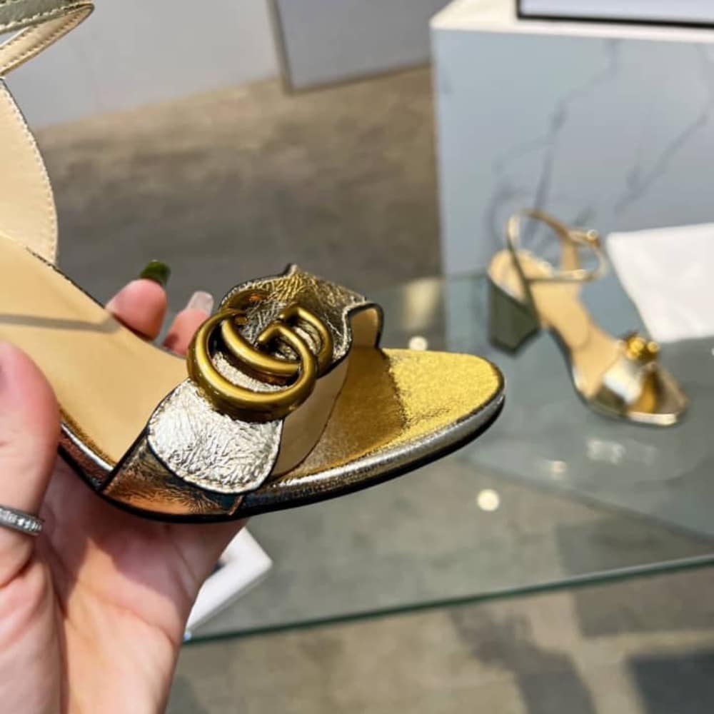 Gucci Metallic Laminate Mid Heel Sandal Gold 453379 Dkt00 7100