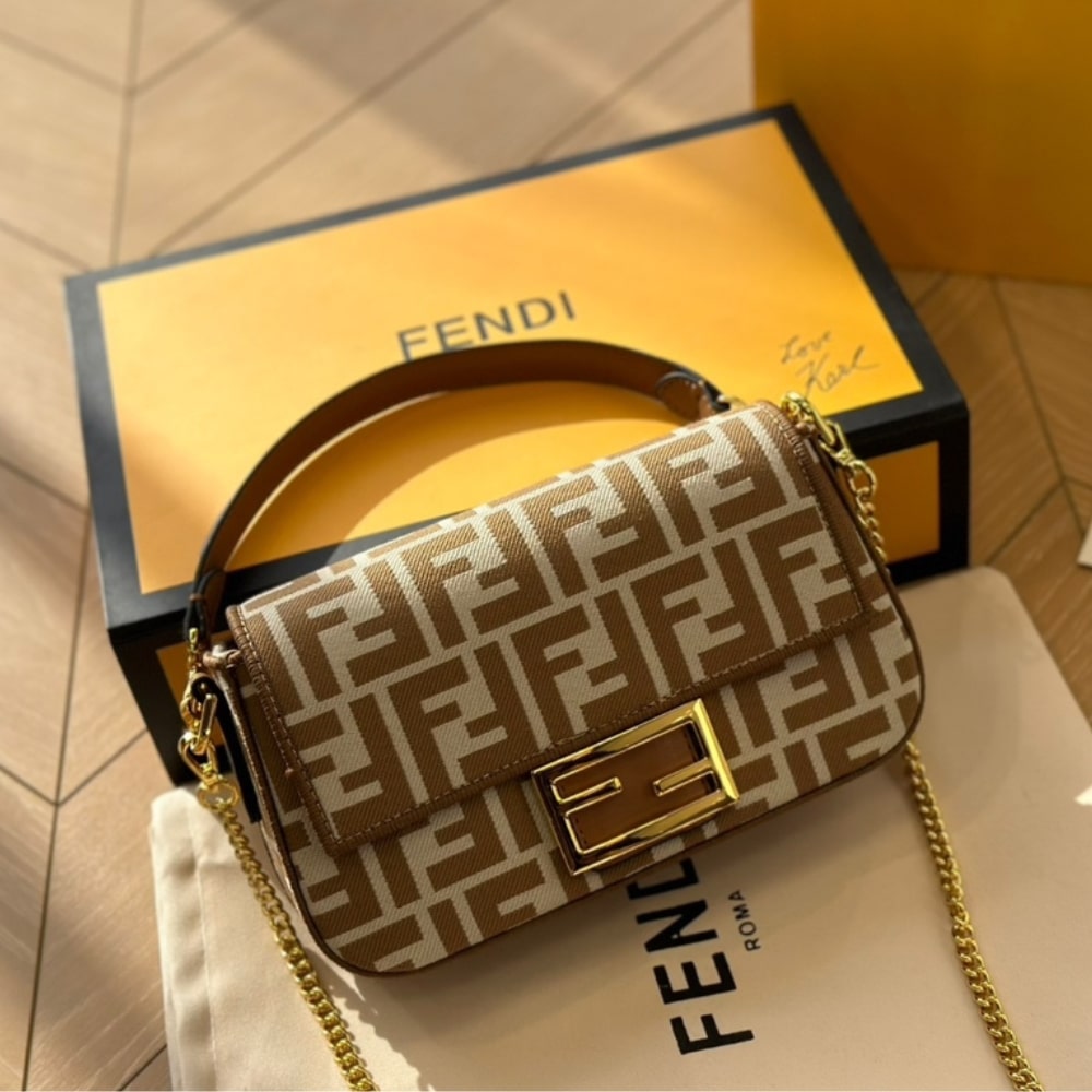 Fendi Baguette Mini Ff Jacquard Fabric Bag Beige 21cm