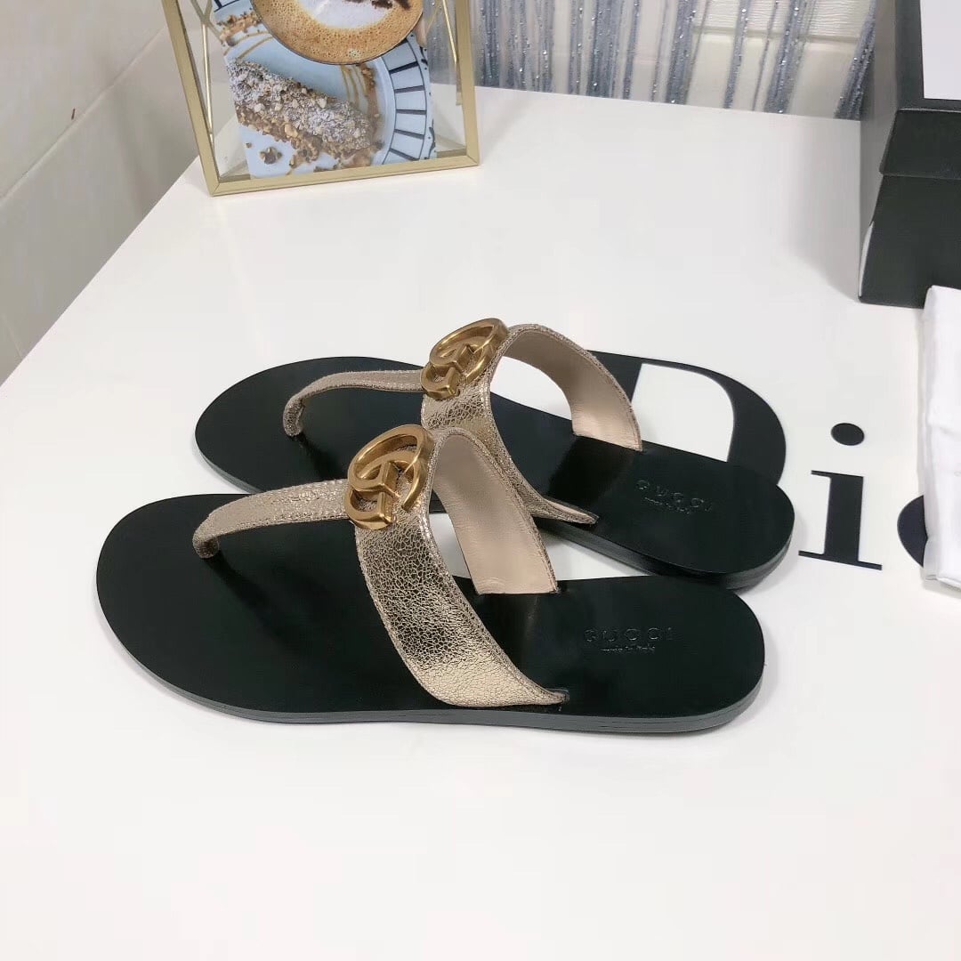 Gucci Double G Thong Leather Metallic Gold ?497444 0B7N0 7100