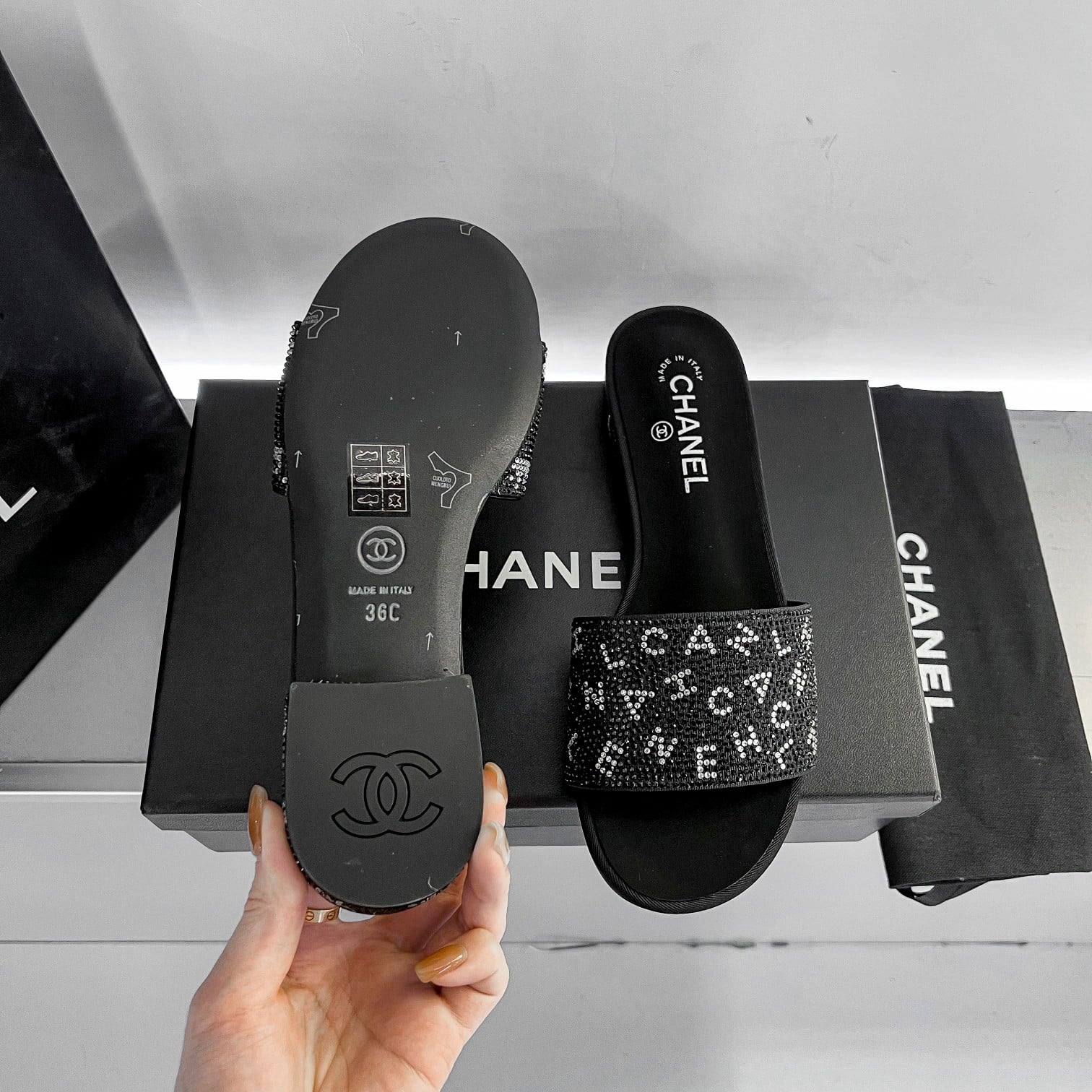 Chanel 24P Beaded Diamond Logo Slippers Black