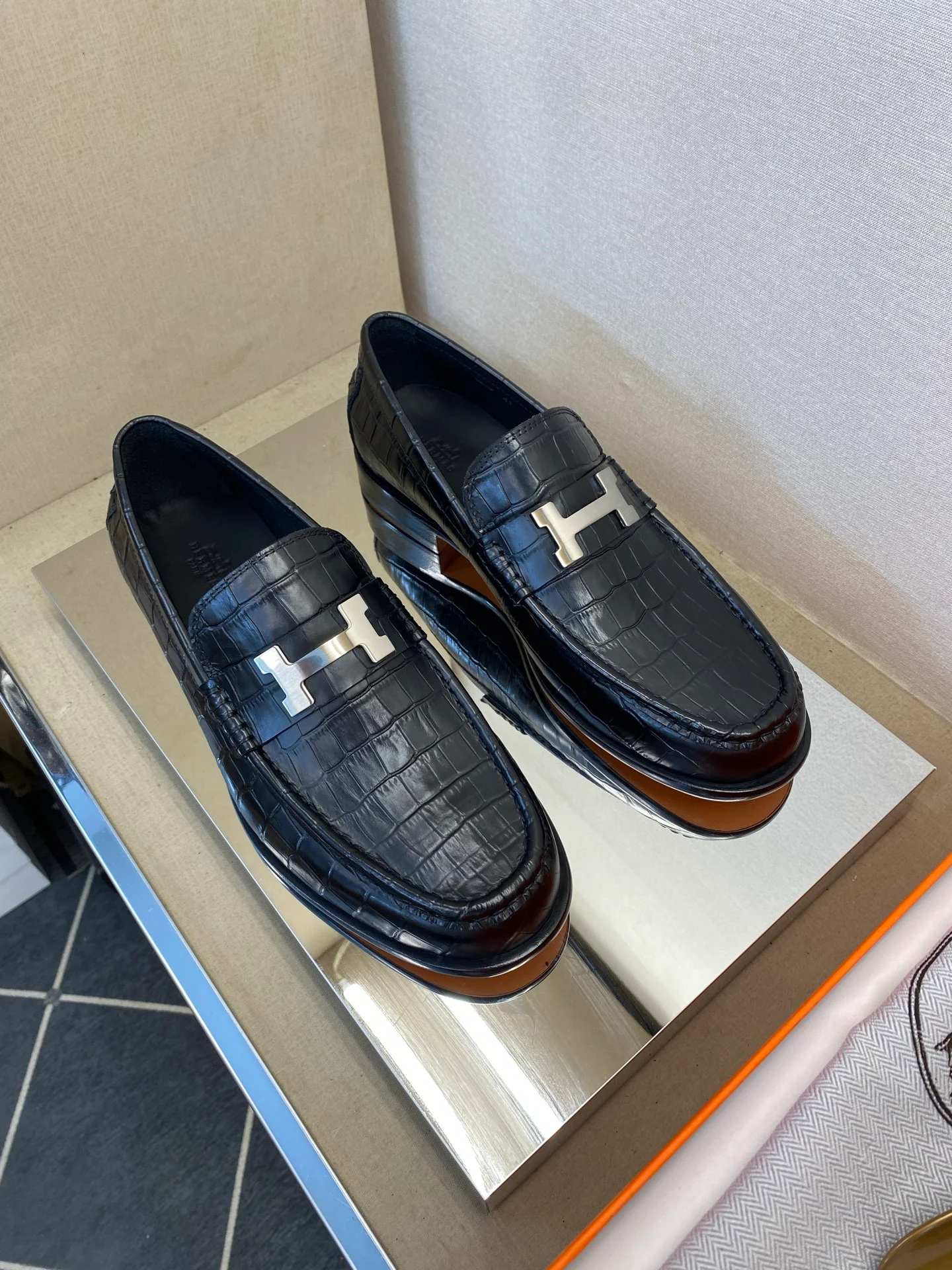 Hermès Iconic H Buckle Alligator Leather Loafers Black- Shoes for Men