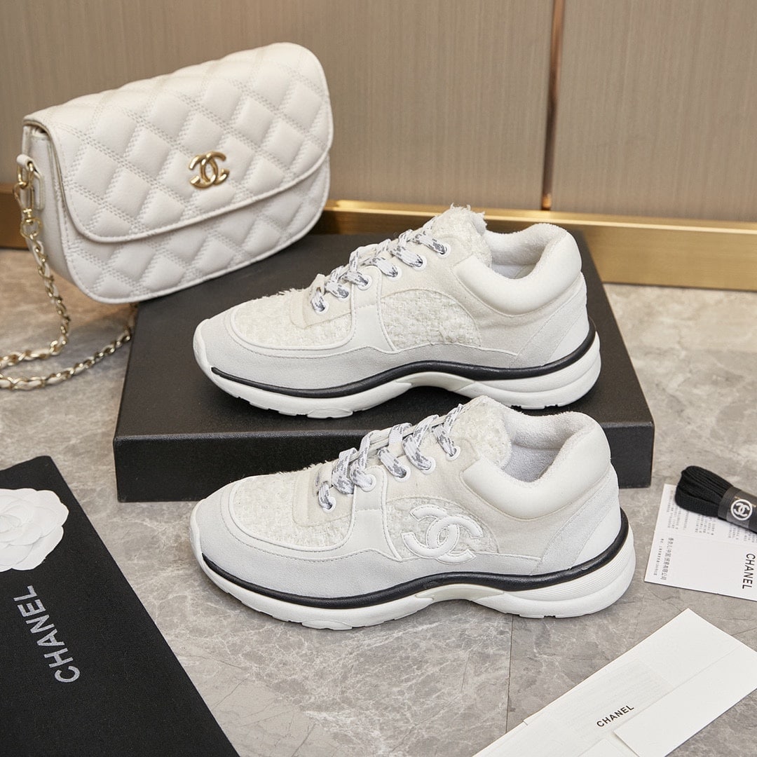 Chanel Velour Tweed Cc Sneaker White