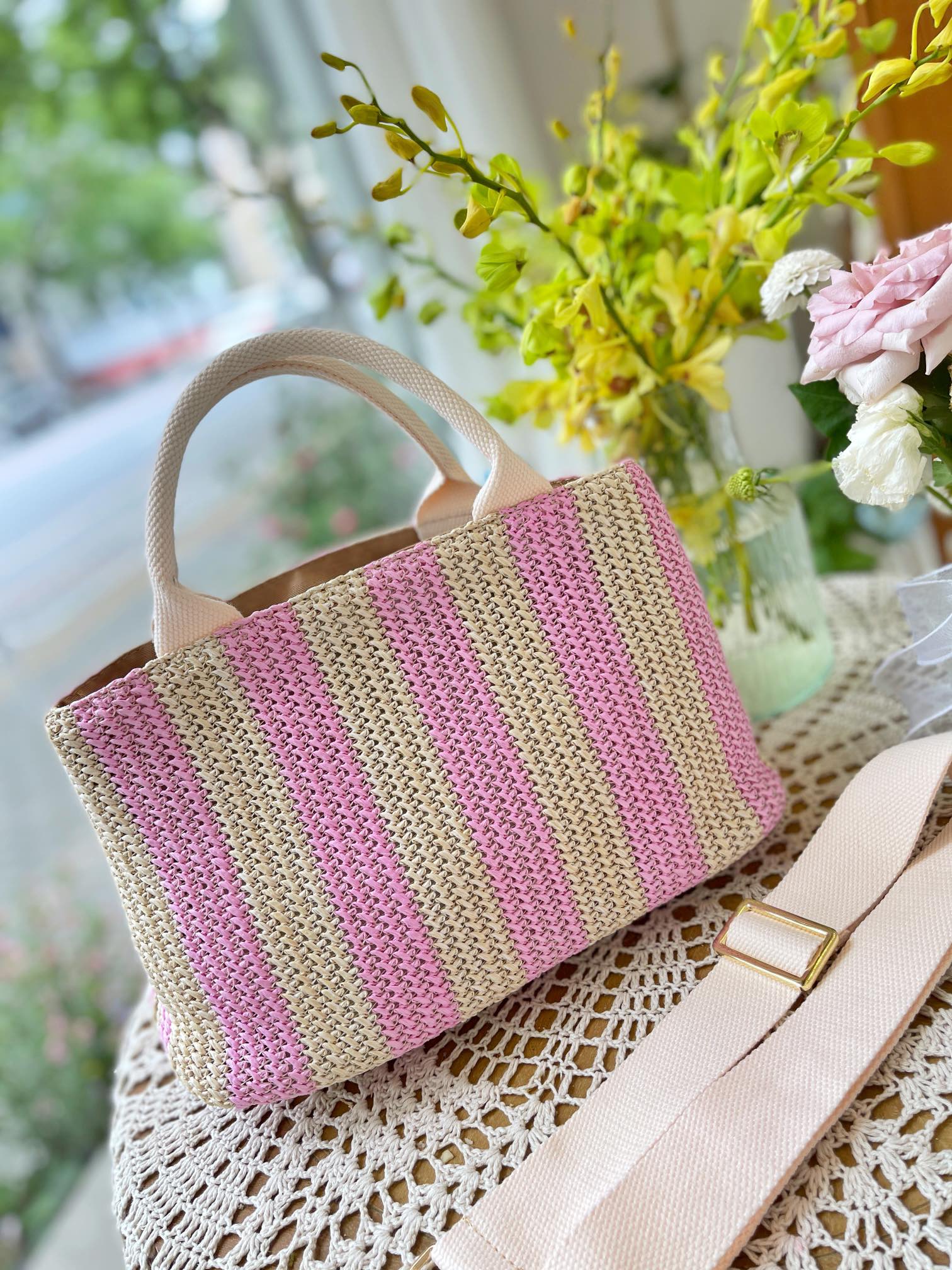 Prada Raffia Tote Bag Tan And Pink