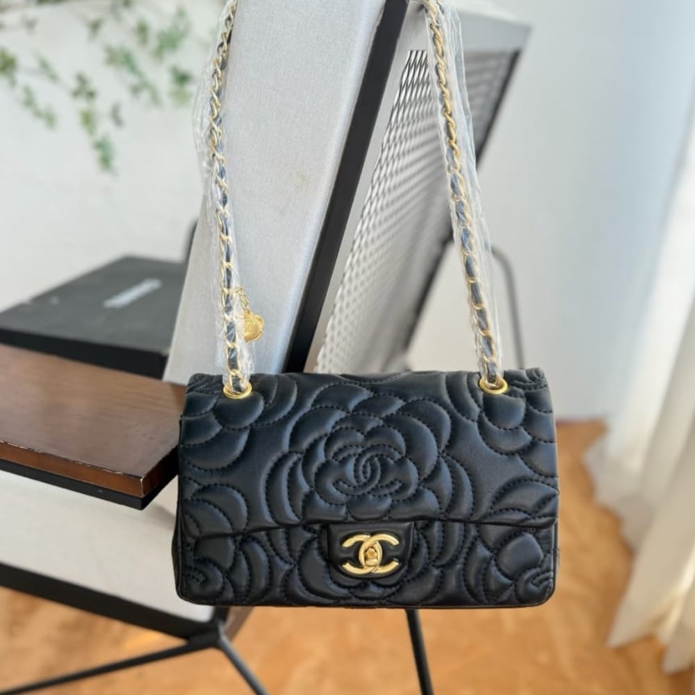 Chanel Flap Bag With Camellia Flower Chain Black 26Cm