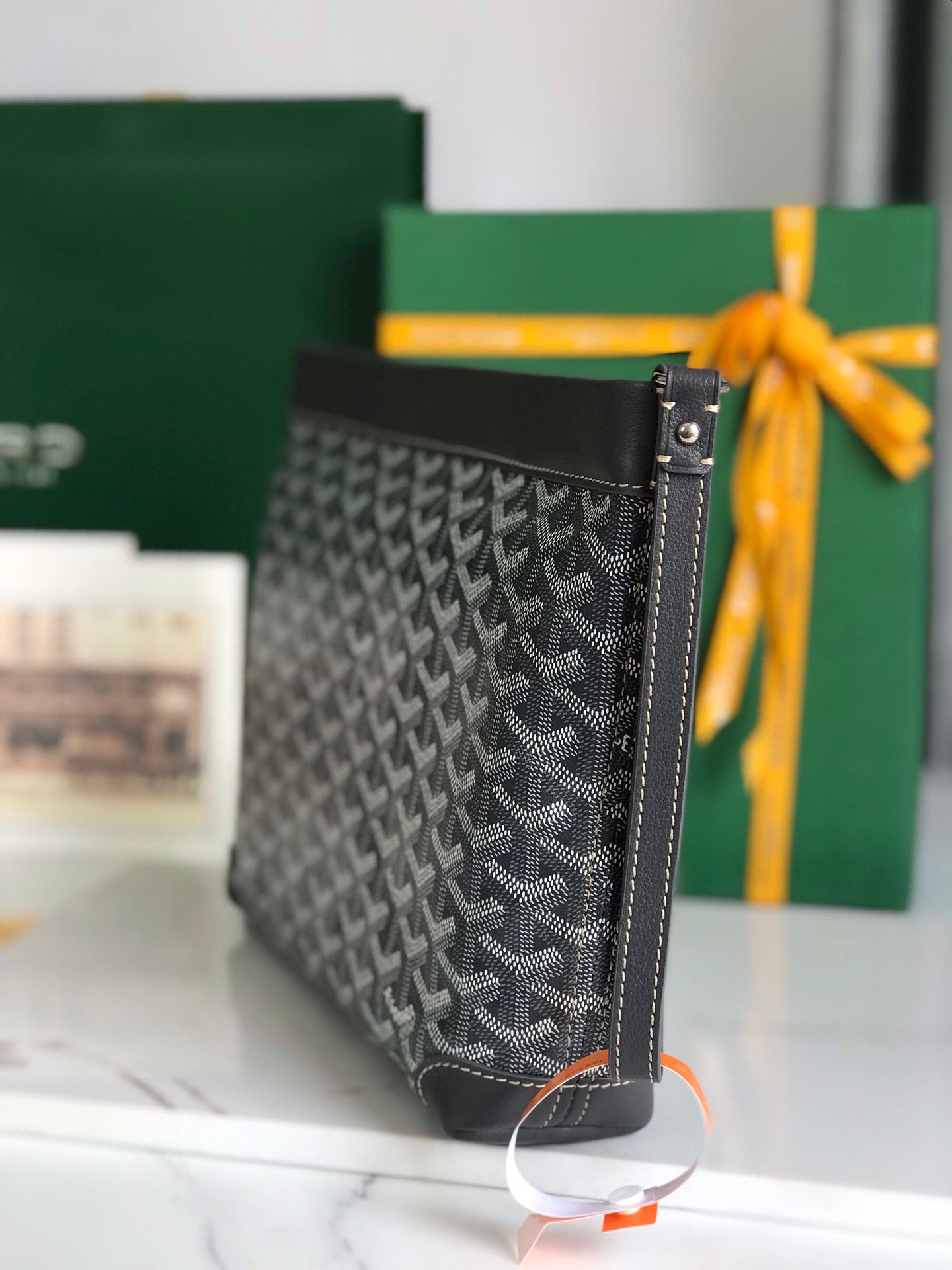 Goyard Conti Pouch 24 Cm Grey Black Lambskin And Goyardine Canvas