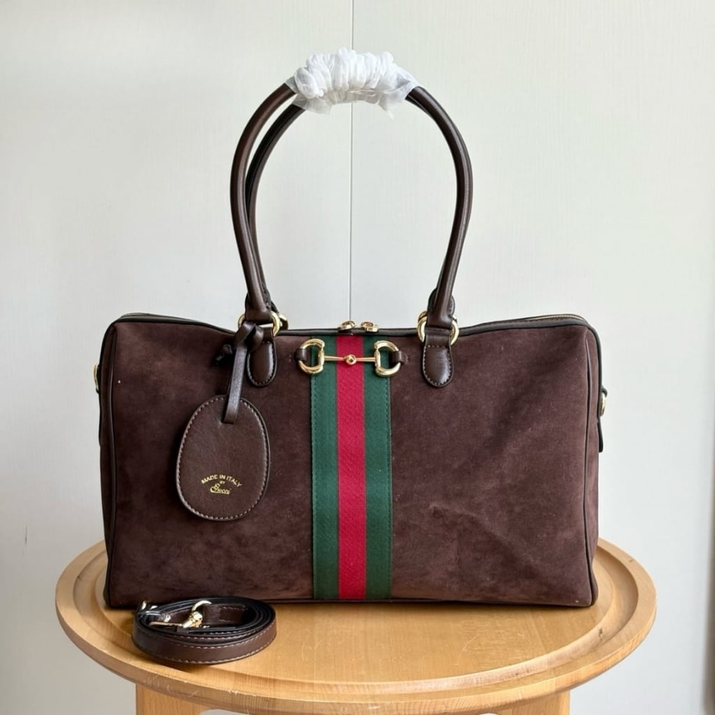 Gucci Borsetto Large Boston Bag Suede Leather Dark Brown 38Cm 866734 AAGIR 2146