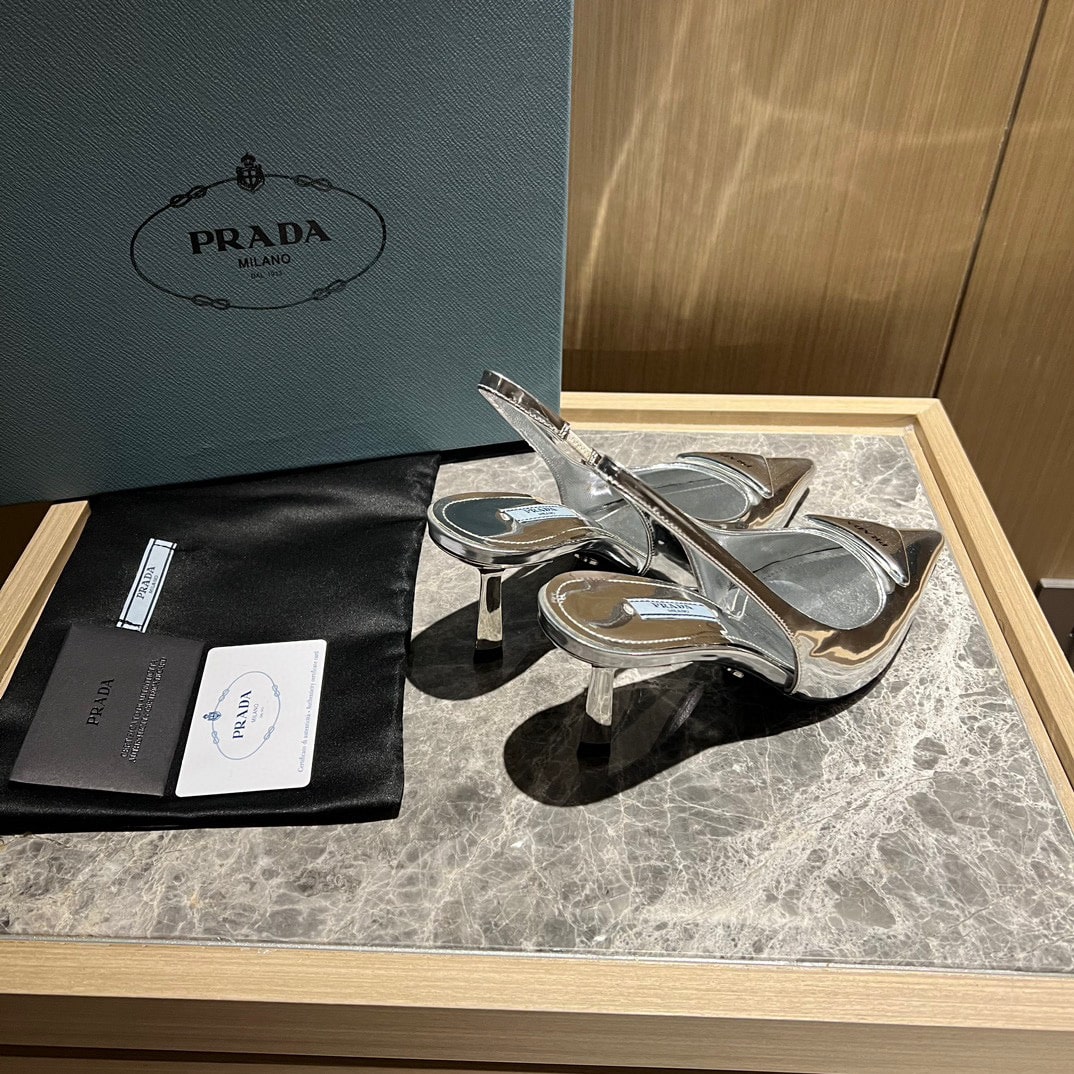 Prada Brushed Leather Slingback Pumps Silver