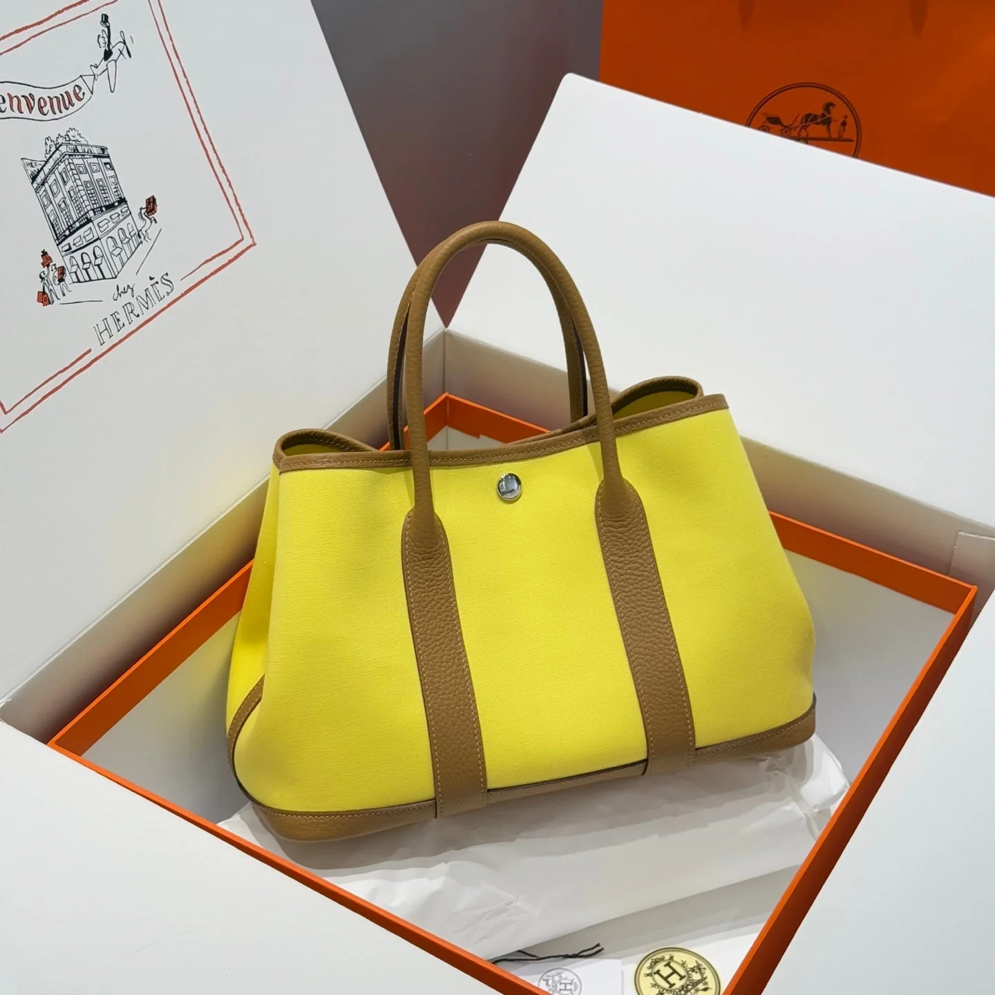 HM Garden Party 30cm Bag Brown Togo Yellow Canvas
