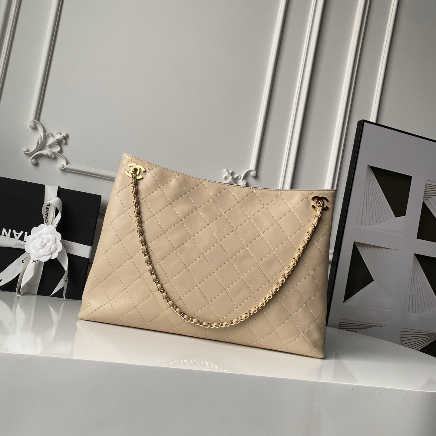 23S Large Shopping Tote Bag (AS2421) in Beige Quilted Smooth Lambskin with Light Gold-Tone Hardware