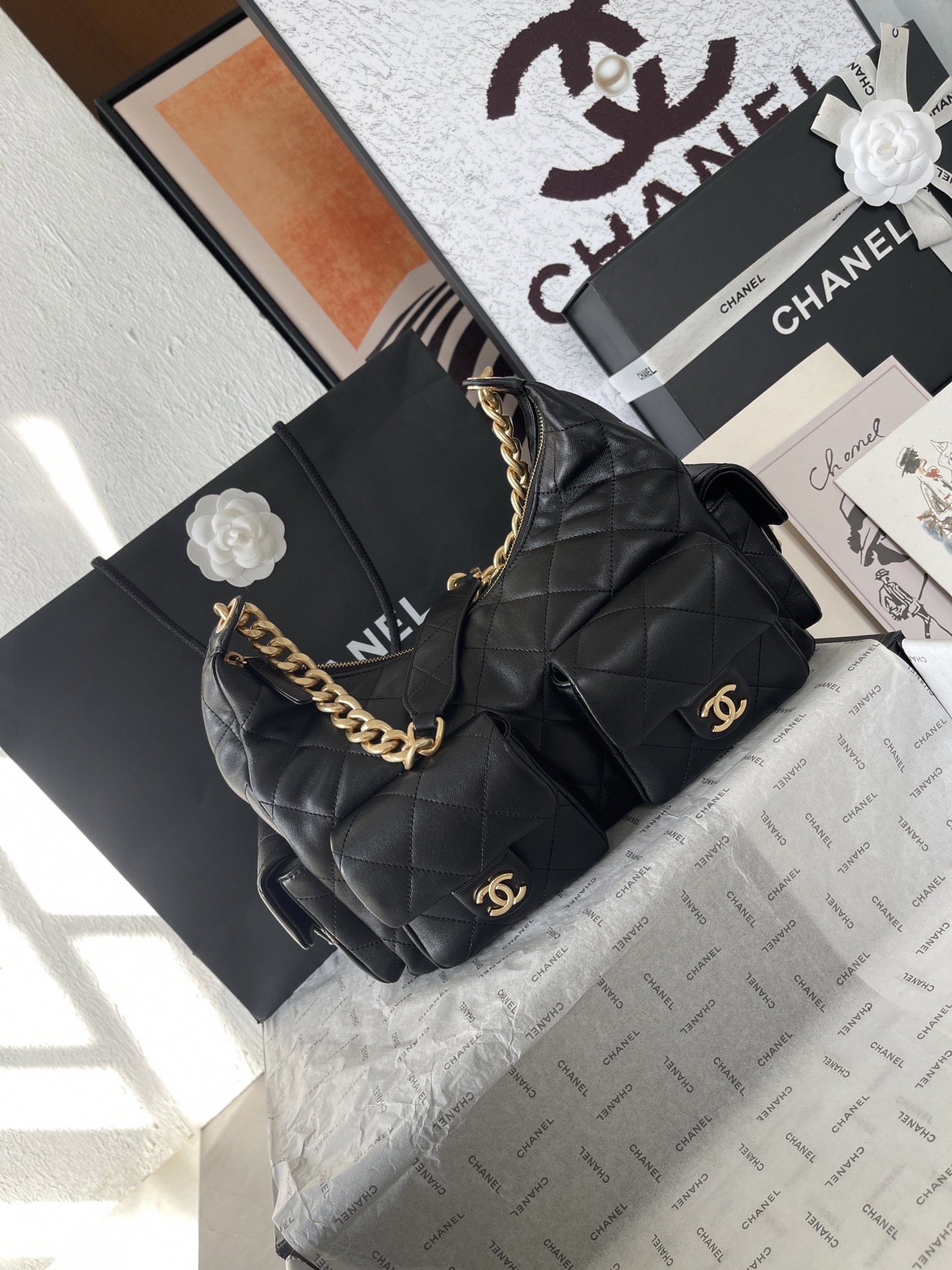 25C Multi-Pocket Hobo Bag in Black Quilted Lambskin with Gold-Tone Hardware