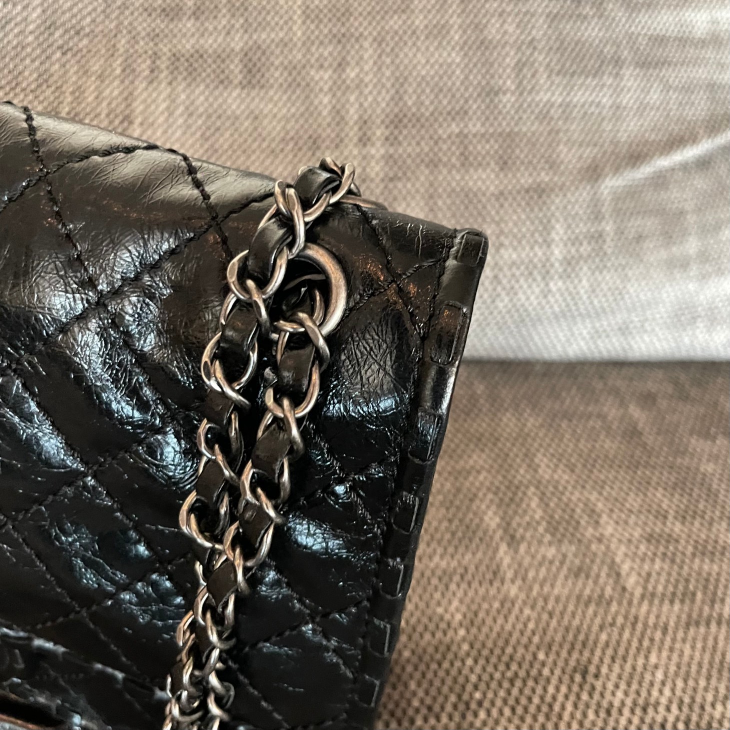 Vintage Black Quilted Glazed Oil-Waxed Calfskin Flap Handbag with Aged Ruthenium-Tone Hardware