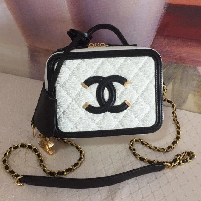 CC Filigree Vanity Case Bag Black White Quilted Caviar Leather